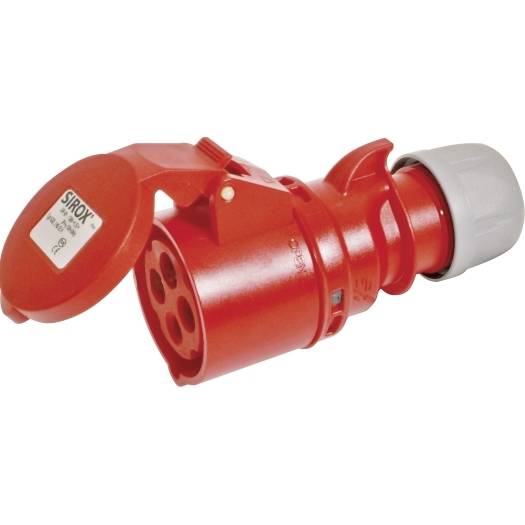 Roter Industrie-Elektrostecker mit aufklappbarem roten Deckel und weißem Steckergehäuse auf neutralem Hintergrund.