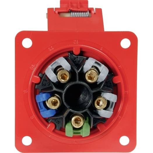 Roter elektrischer Steckverbinder mit fünf Messingkontakten und Befestigungslöchern, frontal auf weißem Hintergrund dargestellt.