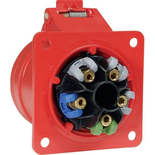 Rote industrielle elektrische Steckdose mit sechs Messingkontaktterminals in einem quadratischen Montageflansch.