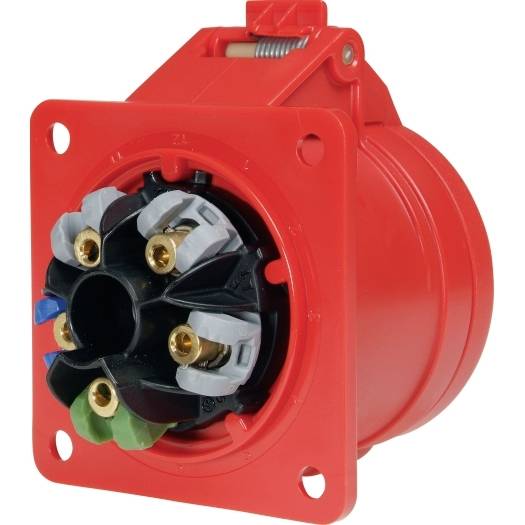 Rote industrielle Elektrosteckdose oder Stecker mit quadratischem Montageflansch und kreisförmiger mehrpoliger Buchse, dargestellt auf weißem Hintergrund.
