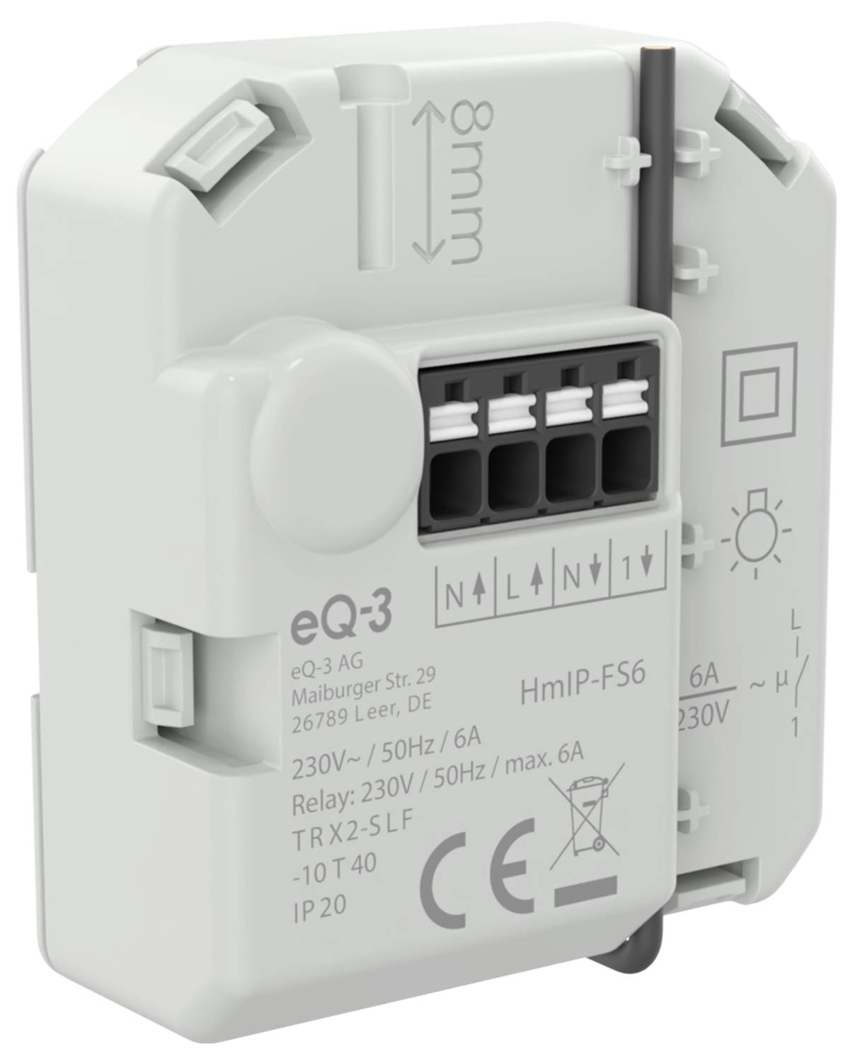 Nahaufnahme eines weißen eQ-3 HmIP-FS6 Wandschalter-Moduls mit beschrifteten Anschlussklemmen und technischen Markierungen.