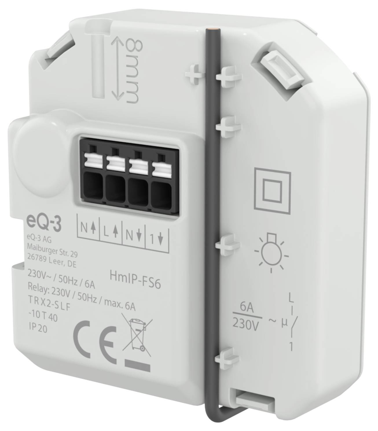 Weißes eQ-3 HmIP-FS6 Smart-Relaismodul mit beschrifteter Klemmenleiste und 230V/6A Elektrofunktionsspezifikationen.