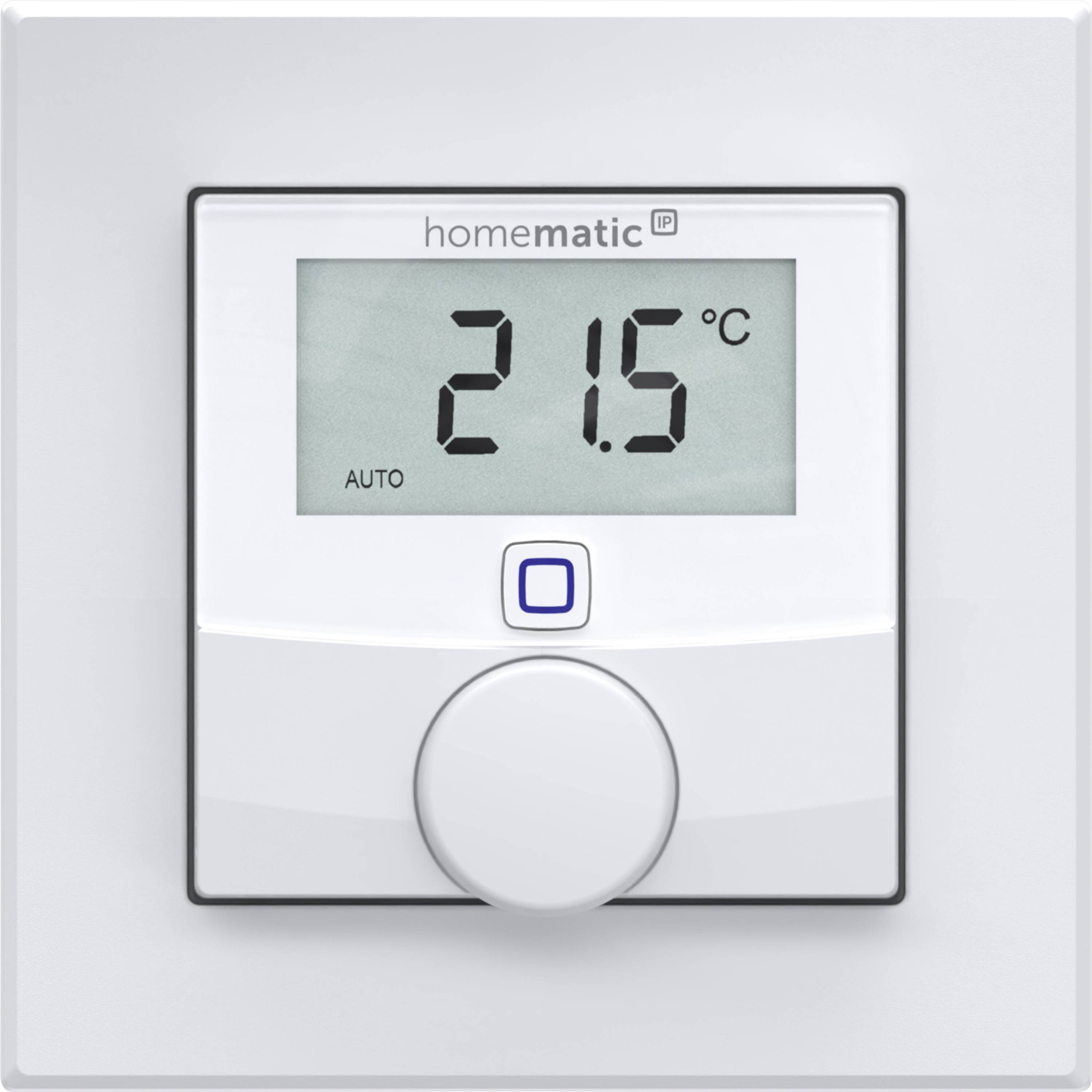 Ein wandmontiertes digitales Thermostat-Display, das 21,5°C im Automatikmodus anzeigt, mit einer zentralen Steuertaste und einem runden Einstellrad.