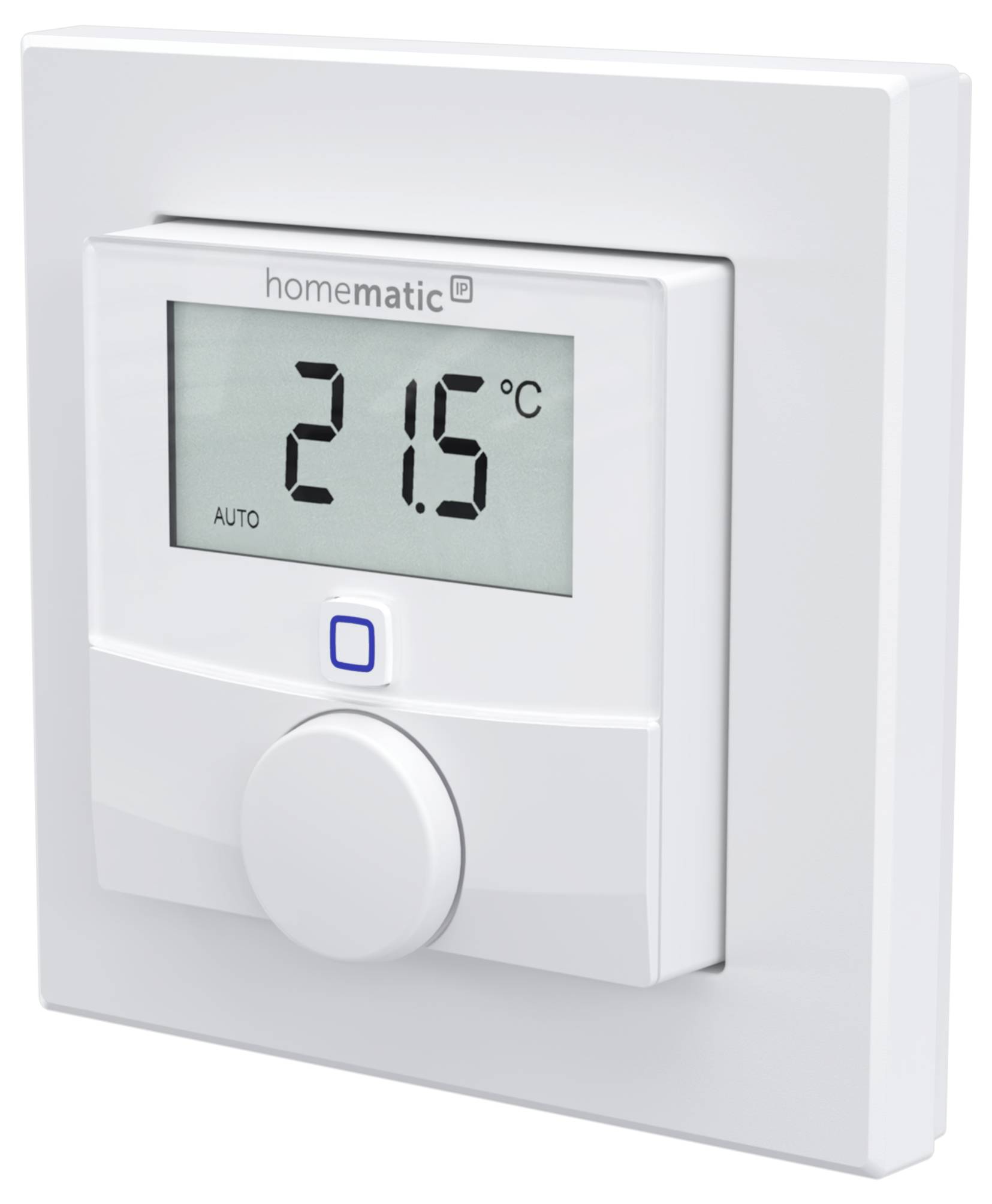 Digitales Wandthermostat mit Anzeige von 21,5°C im Automatikmodus, mit einer einzelnen Steuertaste und einem Drehregler.