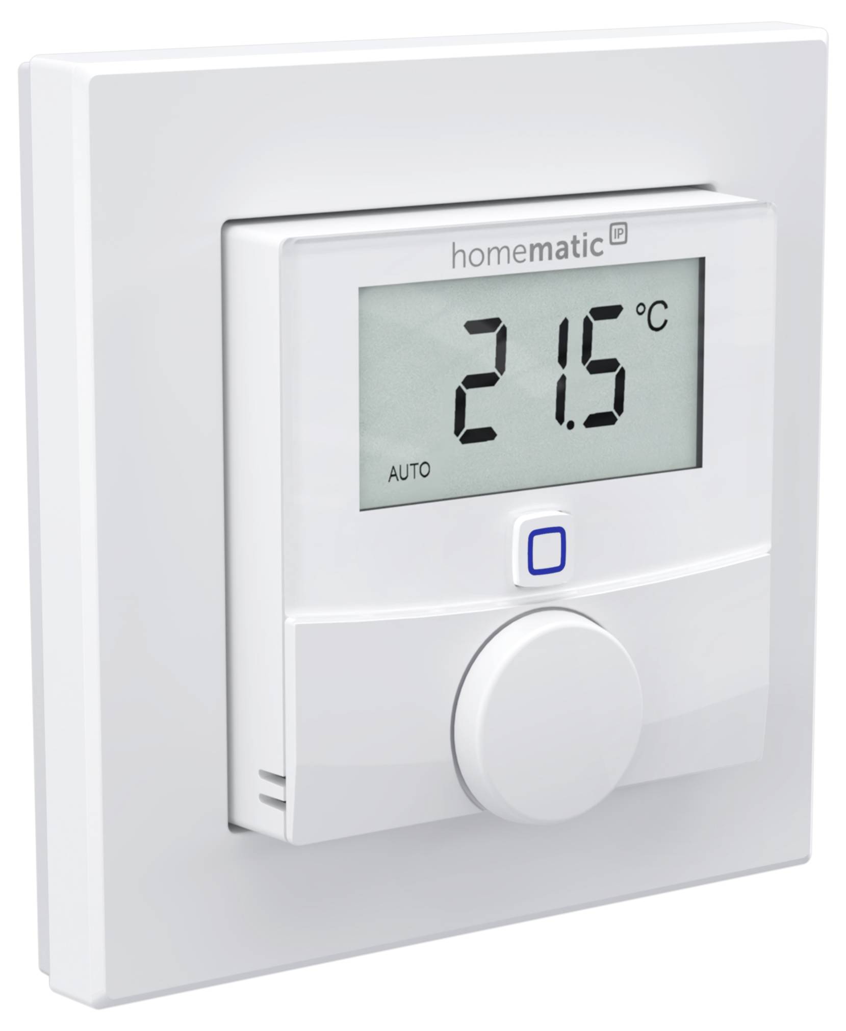 Wandmontiertes Homematic-Thermostat mit Anzeige von 21,5°C im Automatikmodus mit einem zentralen Bedienknopf.