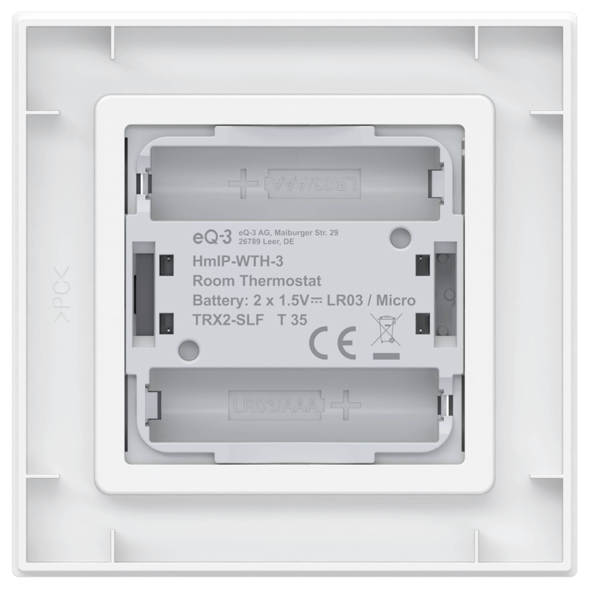 Rückseite eines wandmontierten Raumthermostats mit zwei LR03-Batteriefächern und gedruckten Modellinformationen.