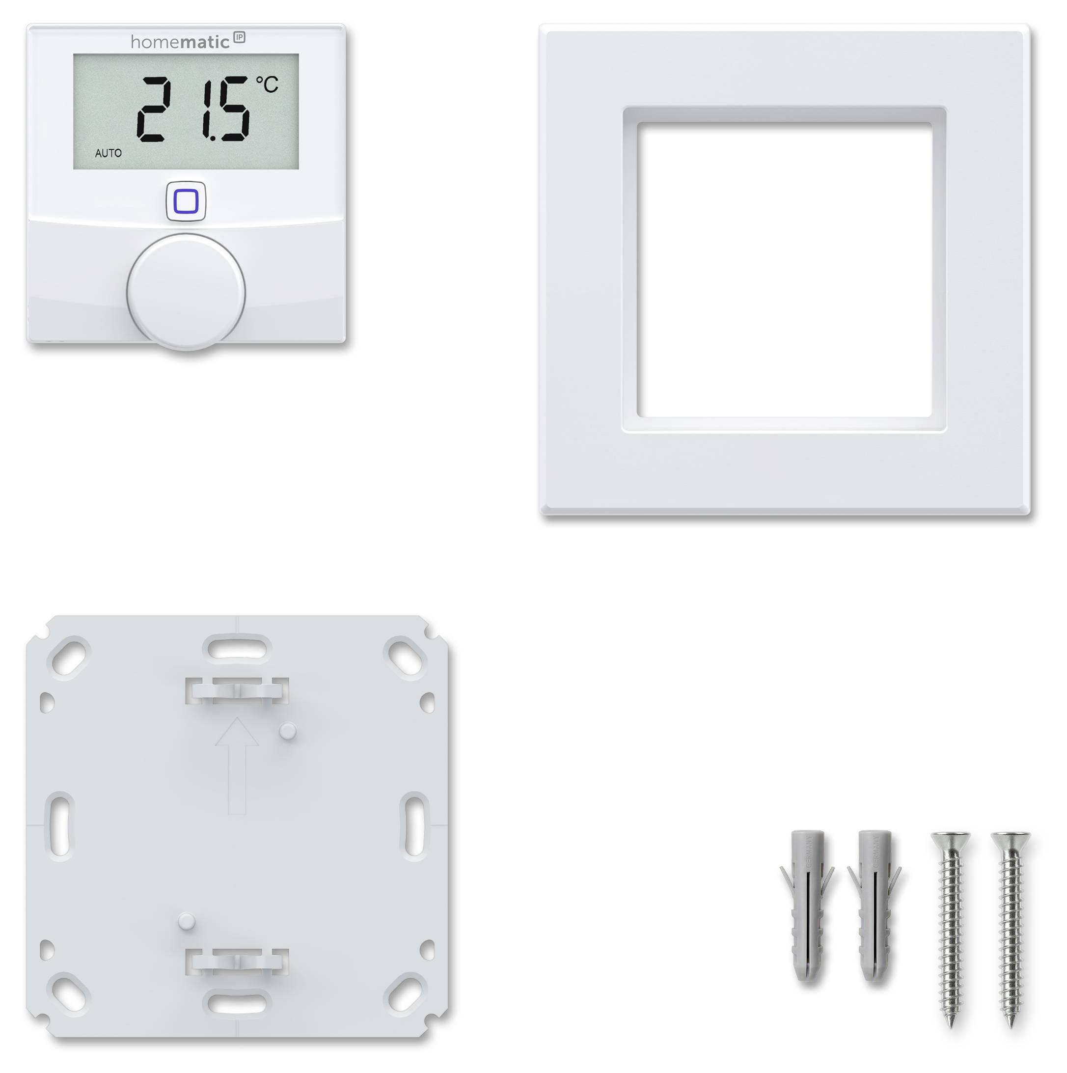 Thermostat-Set-Komponenten: digitales Wandthermostat, Blende, Montagesockel und zwei Wanddosen mit Schrauben.