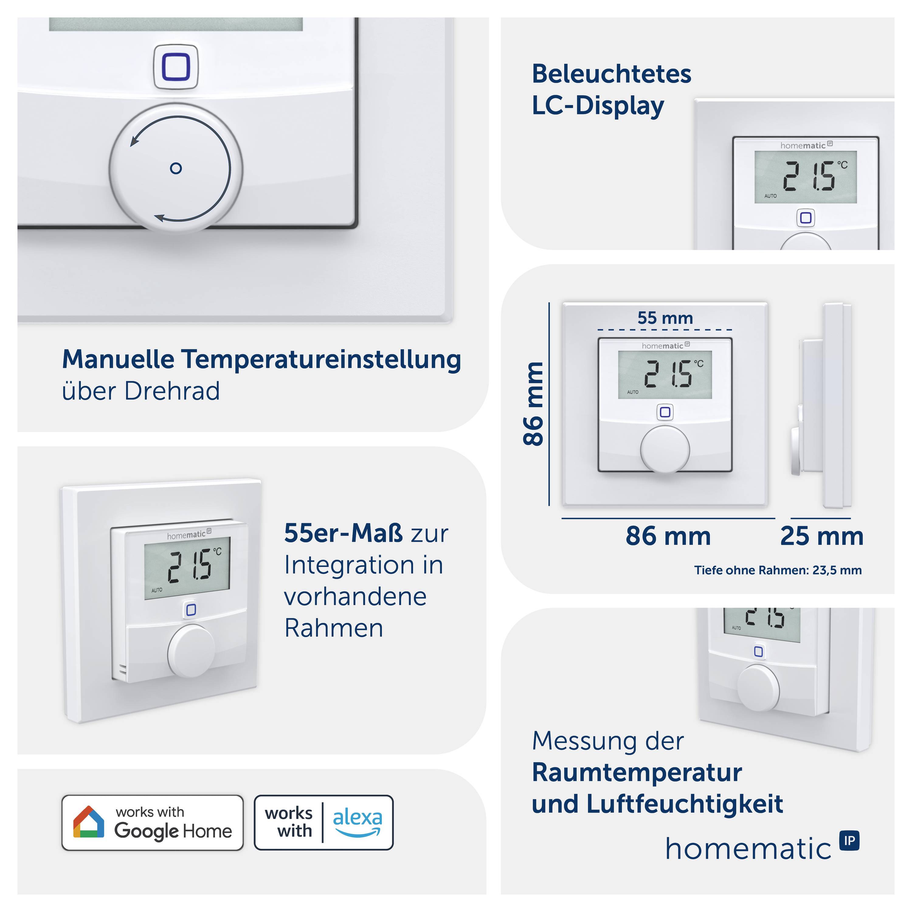 Werbegrafik für einen thermostatartigen Raumregler mit LCD-Display, Drehrad zur manuellen Temperaturwahl, Maßangaben 86 x 86 mm und Smart-Home-Kompatibilität (Google Home, Alexa).