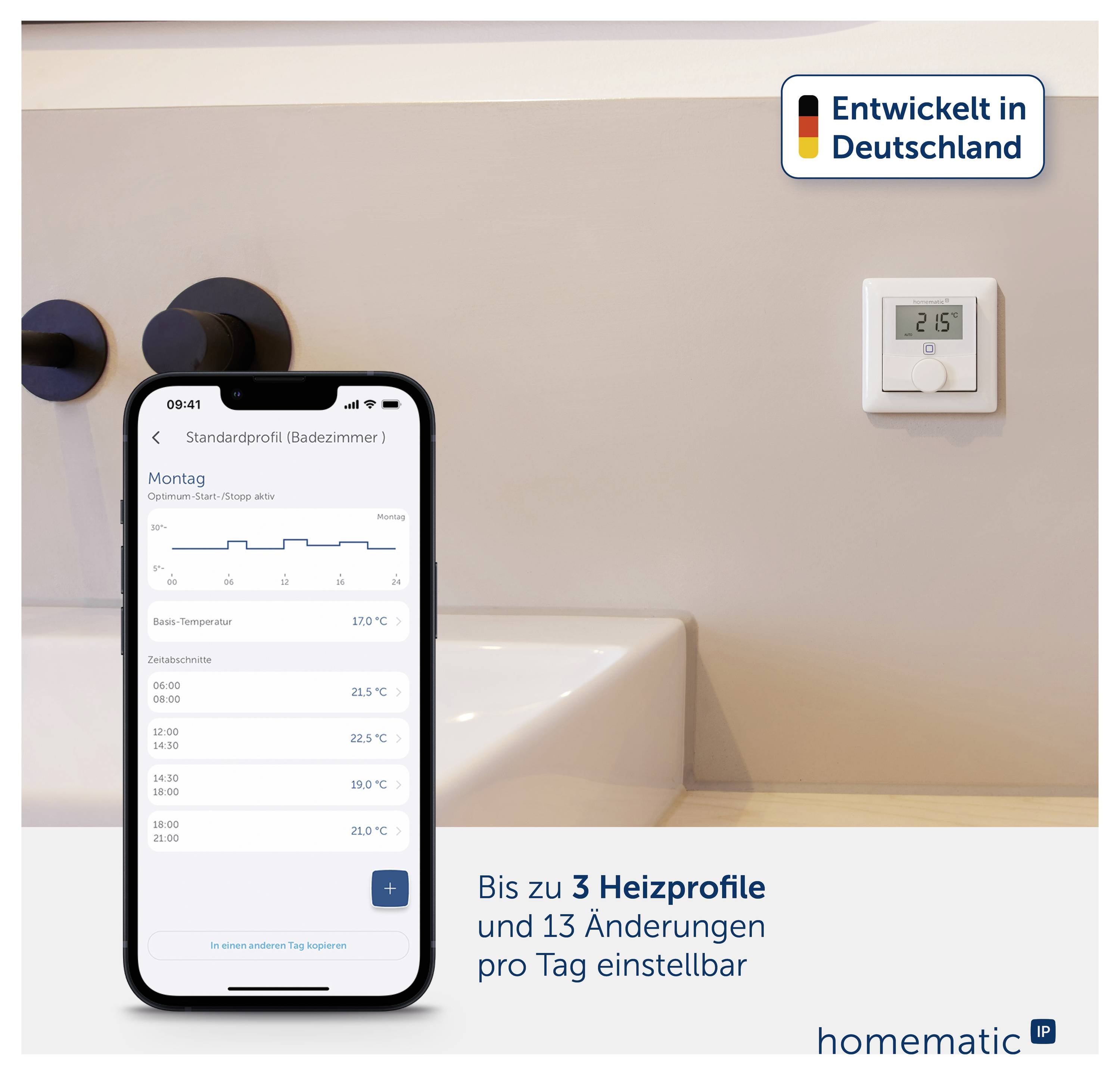 Smartphone-App für ein Homematic IP Thermostat zeigt einen Heizplan; der Text sagt „Bis zu 3 Heizprofile und 13 Änderungen pro Tag einstellbar" und „Entwickelt in Deutschland".