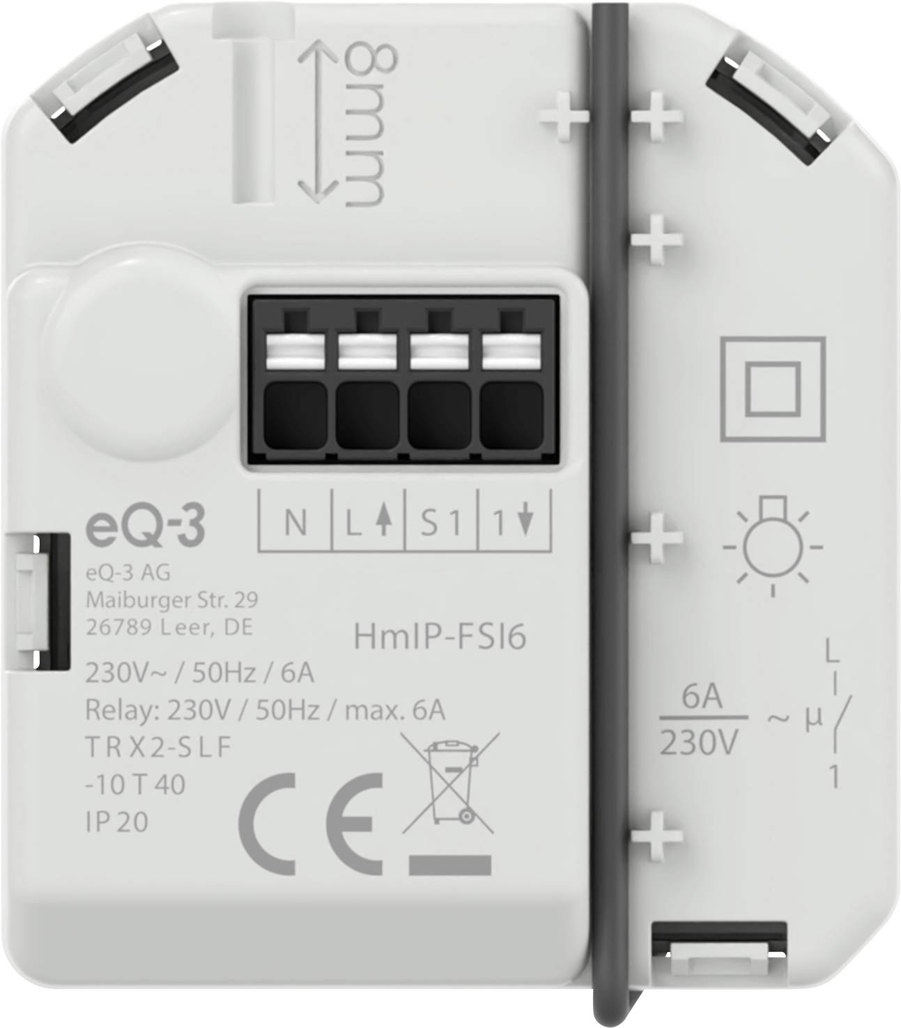 Nahaufnahme eines eQ-3 eQ-3 AG HmIP-FSI6 Elektroschaltermoduls mit beschrifteten Anschlüssen, Nennleistung 230V/6A und Decken-/Lichtsymbolen.