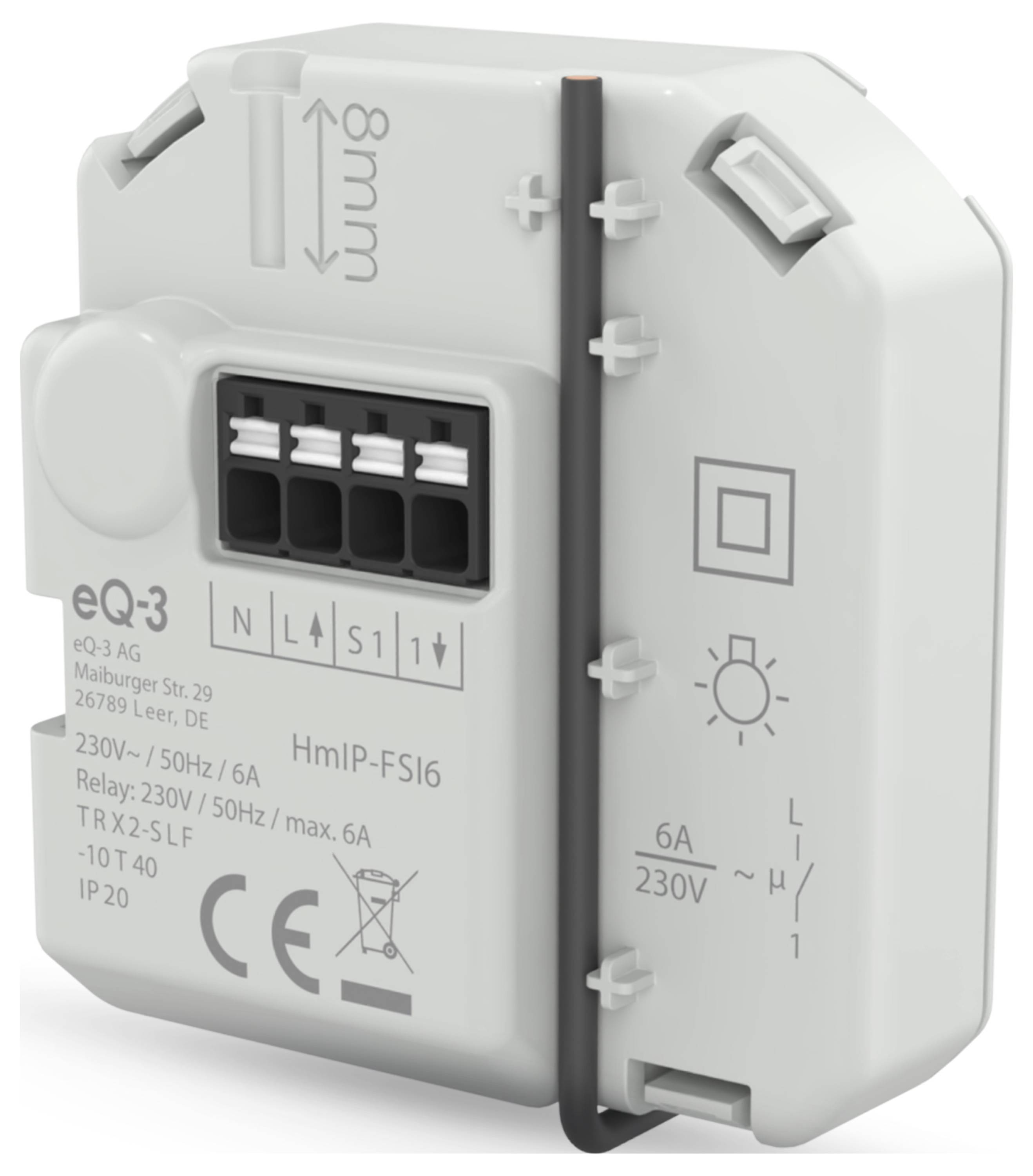 Nahaufnahme eines weißen eQ-3 HmIP-FSI6 Elektromoduls mit beschrifteten Anschlüssen und Schaltschema, auf schlicht grauem Hintergrund dargestellt.