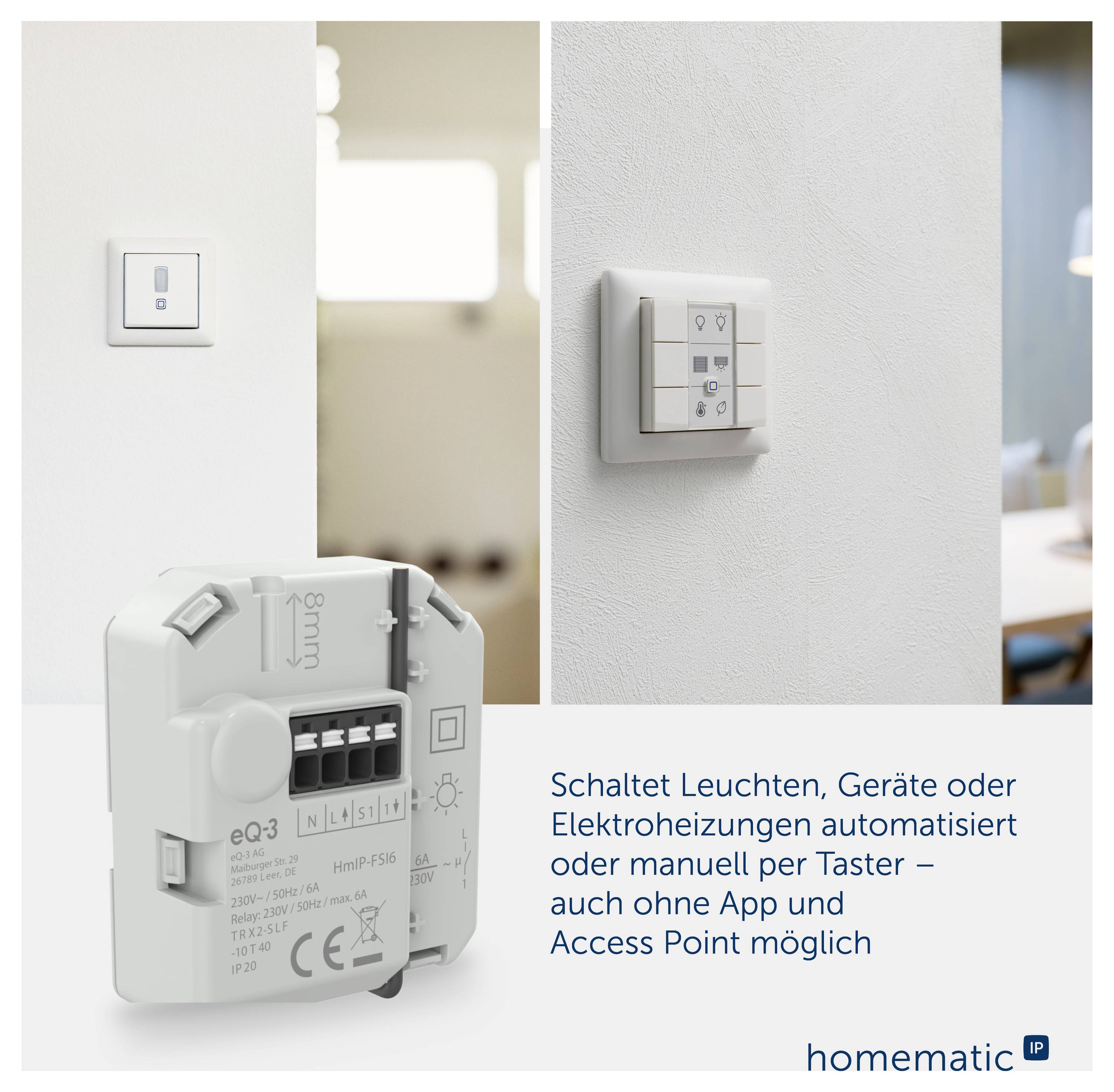 Homematic IP Smart-Schaltmodul und Wandtaste mit deutscher Beschriftung, die die automatisierte Steuerung von Lichtern, Geräten oder Jalousien bewirbt, auch manuell ohne App oder Zugangspunkt.