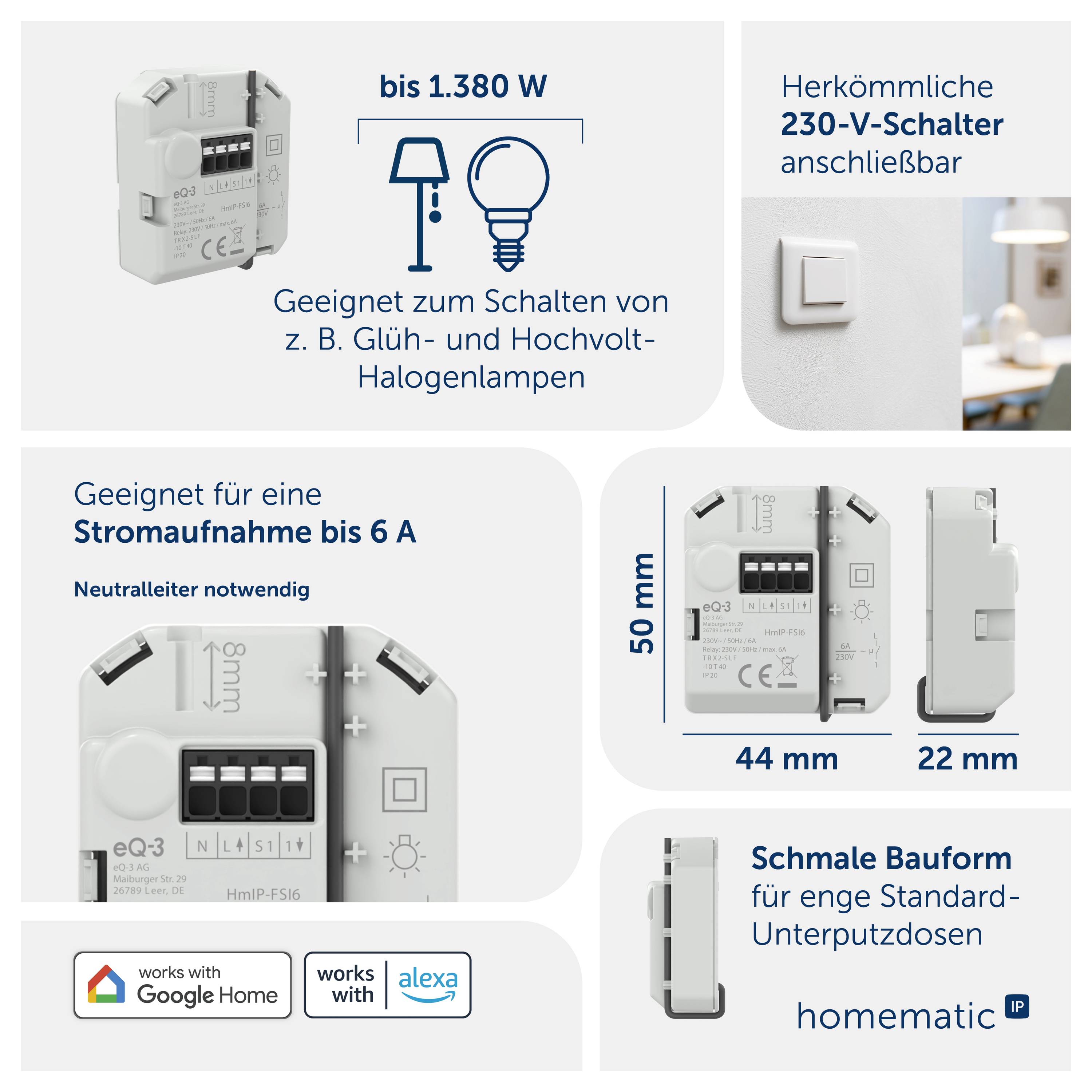 Infografik eines intelligenten Lichtschalter-Moduls: unterstützt bis zu 1.380 W, 6 A, 230-V-Standardschalter und kompakte Größe von 50 x 44 x 22 mm für schmale Unterputzboxen.