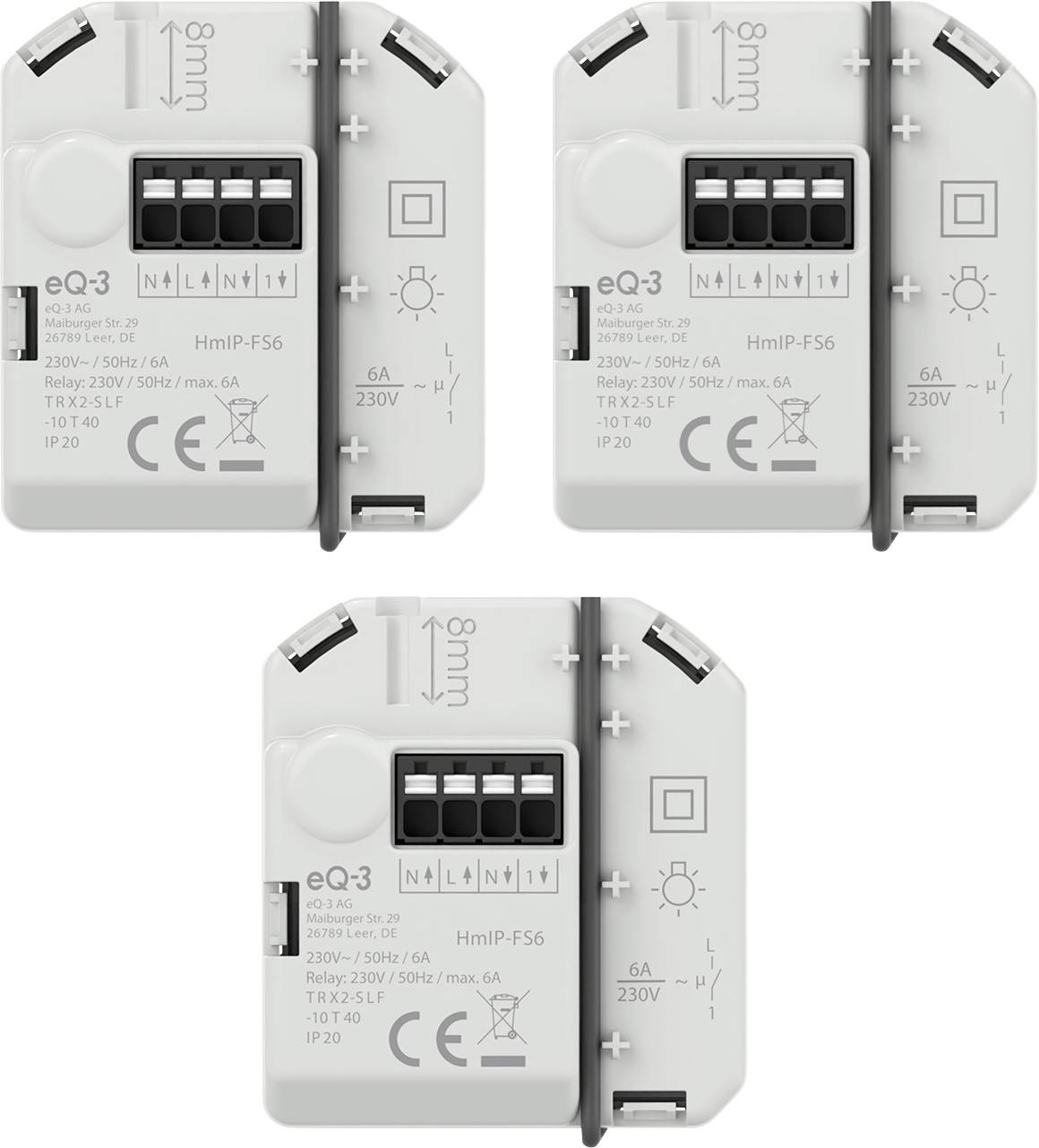 Drei weiße elektrische Relaismodule mit der Bezeichnung "eQ-3" und "HmIP-FS6" in einem produktstyle-Layout dargestellt, jedes mit einem Vier-Tasten-Bedienfeld und Verdrahtungssymbolen.