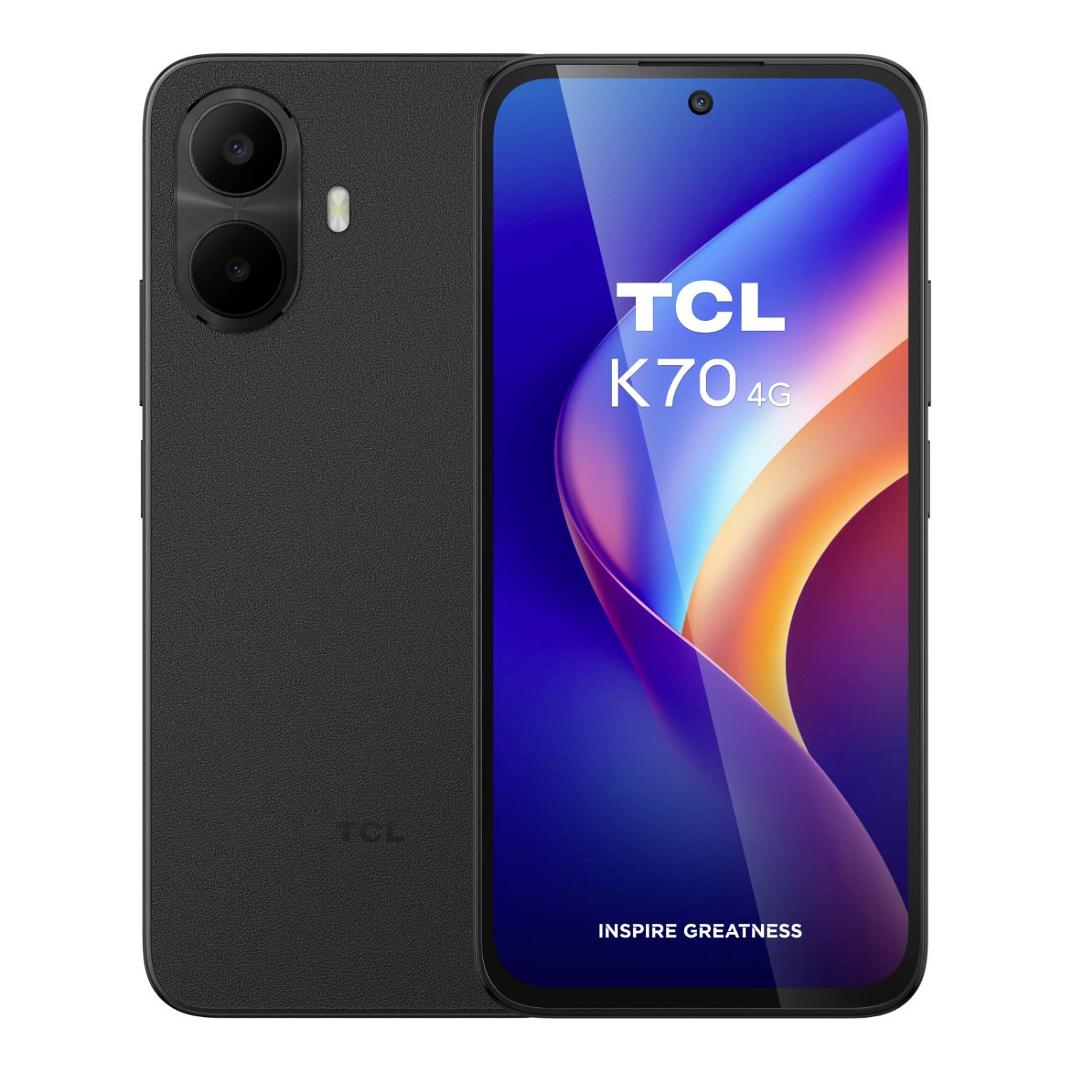 Schwarzes TCL K70 4G-Smartphone in Vorder- und Rückansicht, mit Dualkamerasystem auf der Rückseite und einem Display, das „TCL K70 4G" und „INSPIRE GREATNESS" anzeigt.