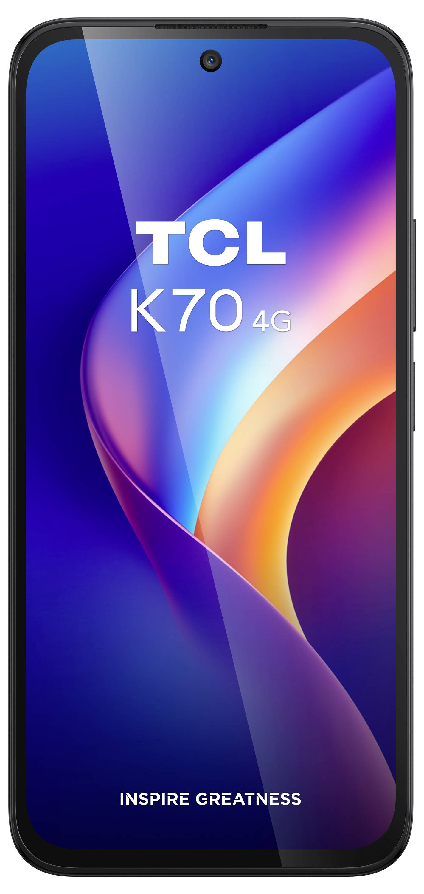 Frontansicht eines TCL K70 4G Smartphones mit einem farbenfrohen abstrakten Hintergrund und dem Text "TCL K70 4G" mit "INSPIRE GREATNESS" unten.