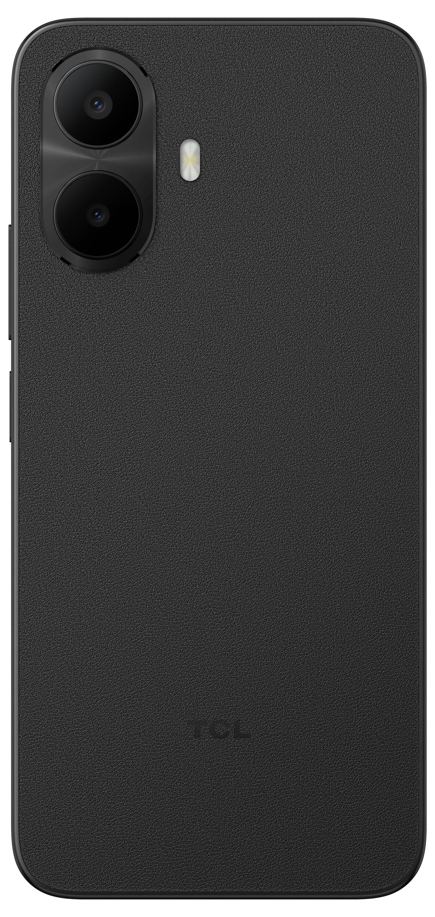 Rückseite eines schwarzen TCL-Smartphones mit Dual-Kameras auf der Rückseite und einem LED-Blitz in der oberen linken Ecke.