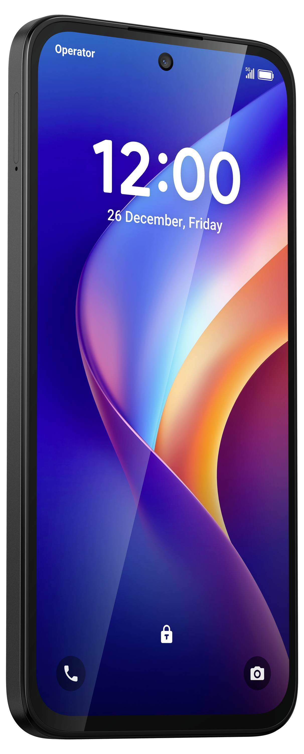 Schwarzes Smartphone gezeigt auf seinem Sperrbildschirm, das 12:00 und "26. Dezember, Freitag" mit Anruf-, Sperr- und Kamerasymbolen anzeigt.