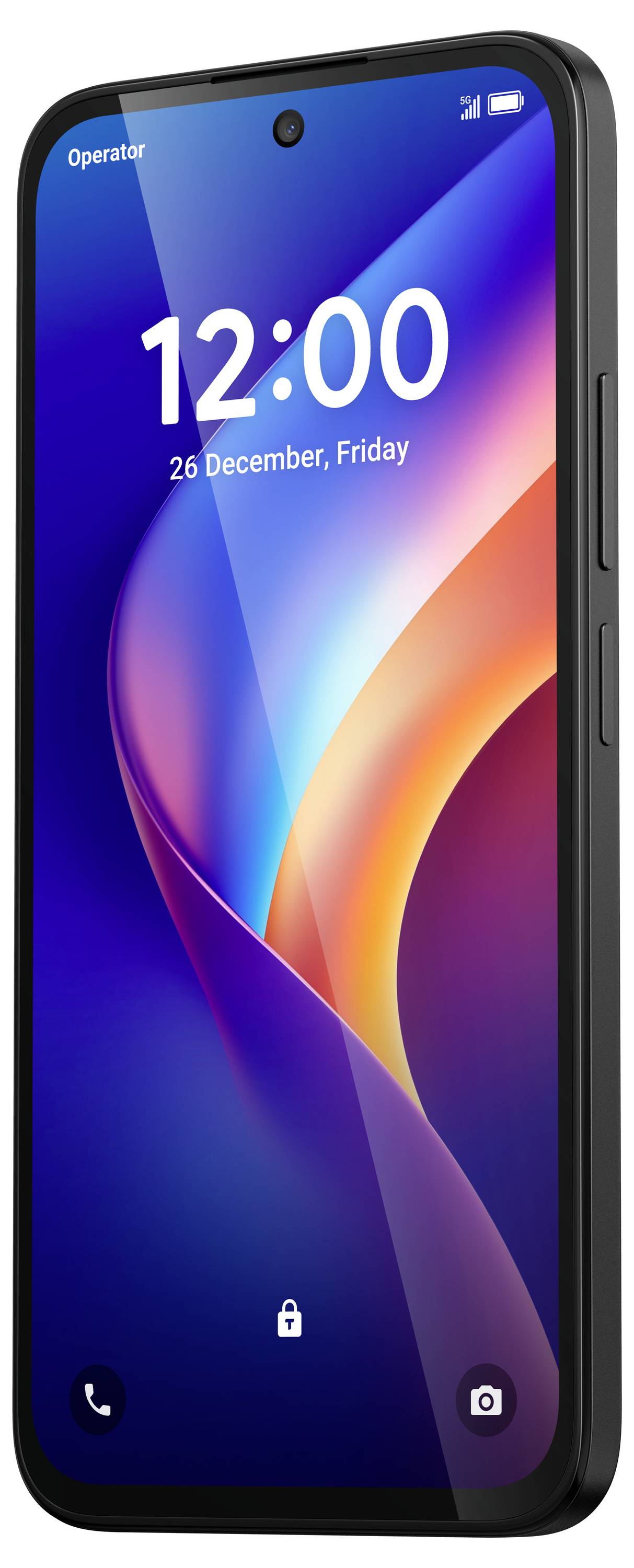 Smartphone-Sperrbildschirm mit 12:00 Uhr, 26. Dezember, Freitag, mit Telefon- und Kamera-Verknüpfungen unten.