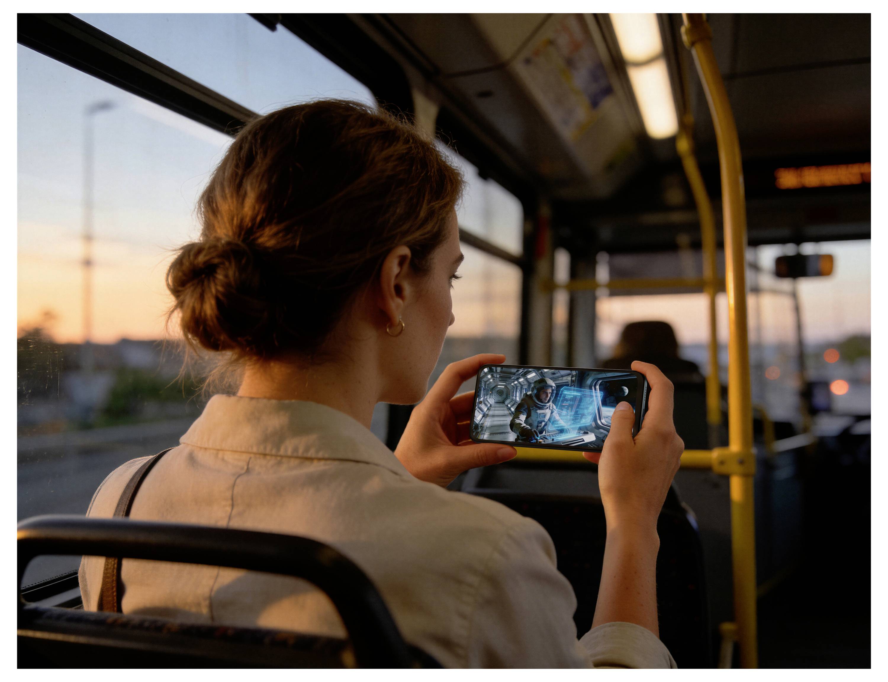 Frau in einem Bus bei Sonnenuntergang, die ein Video auf ihrem Smartphone aufnimmt oder anschaut, von hinten betrachtet.