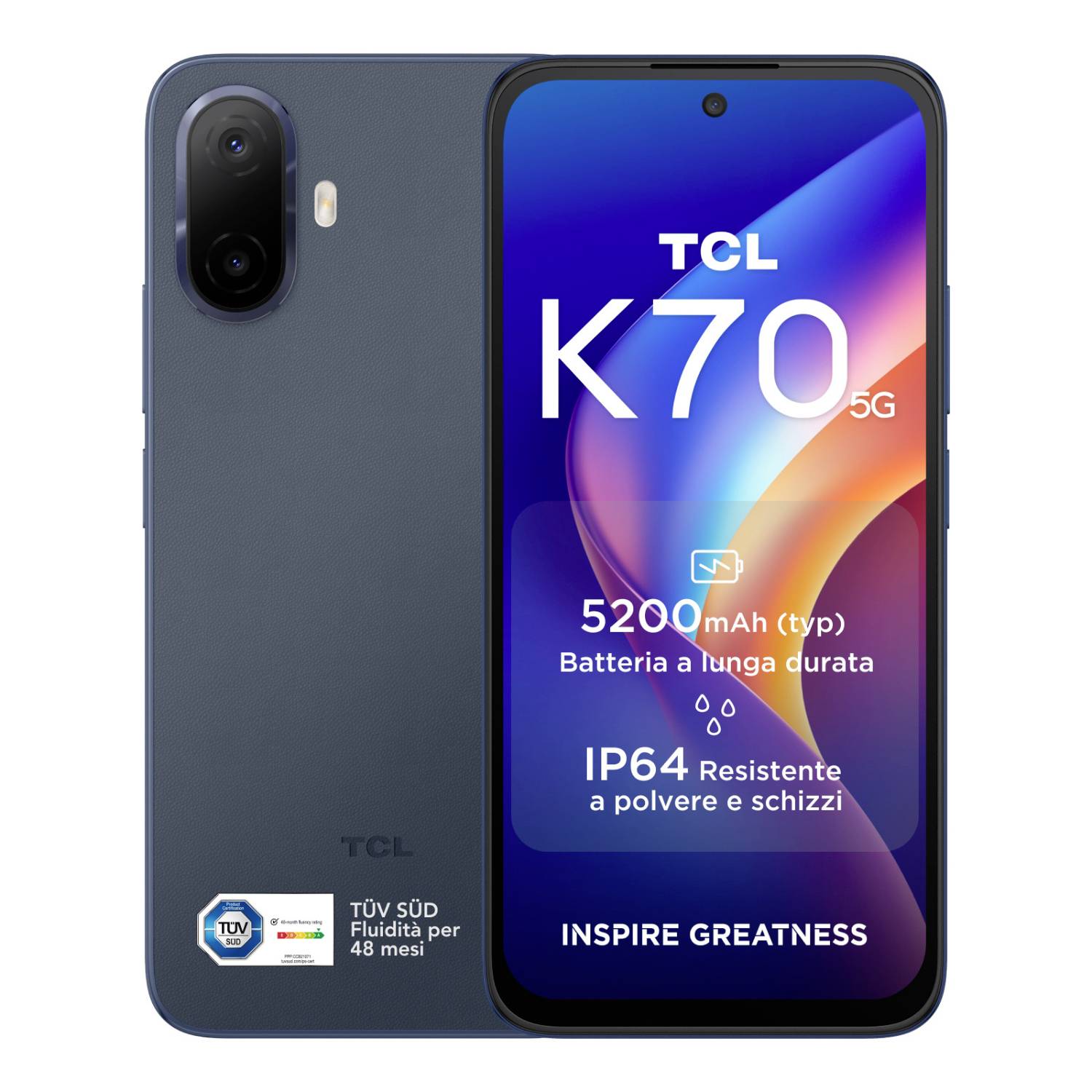 TCL K70 5G Smartphone von vorne und hinten gezeigt, mit Hervorhebung des 5200-mAh-Akkus, IP64-Widerstandsfähigkeit und dem Text „INSPIRE GREATNESS".
