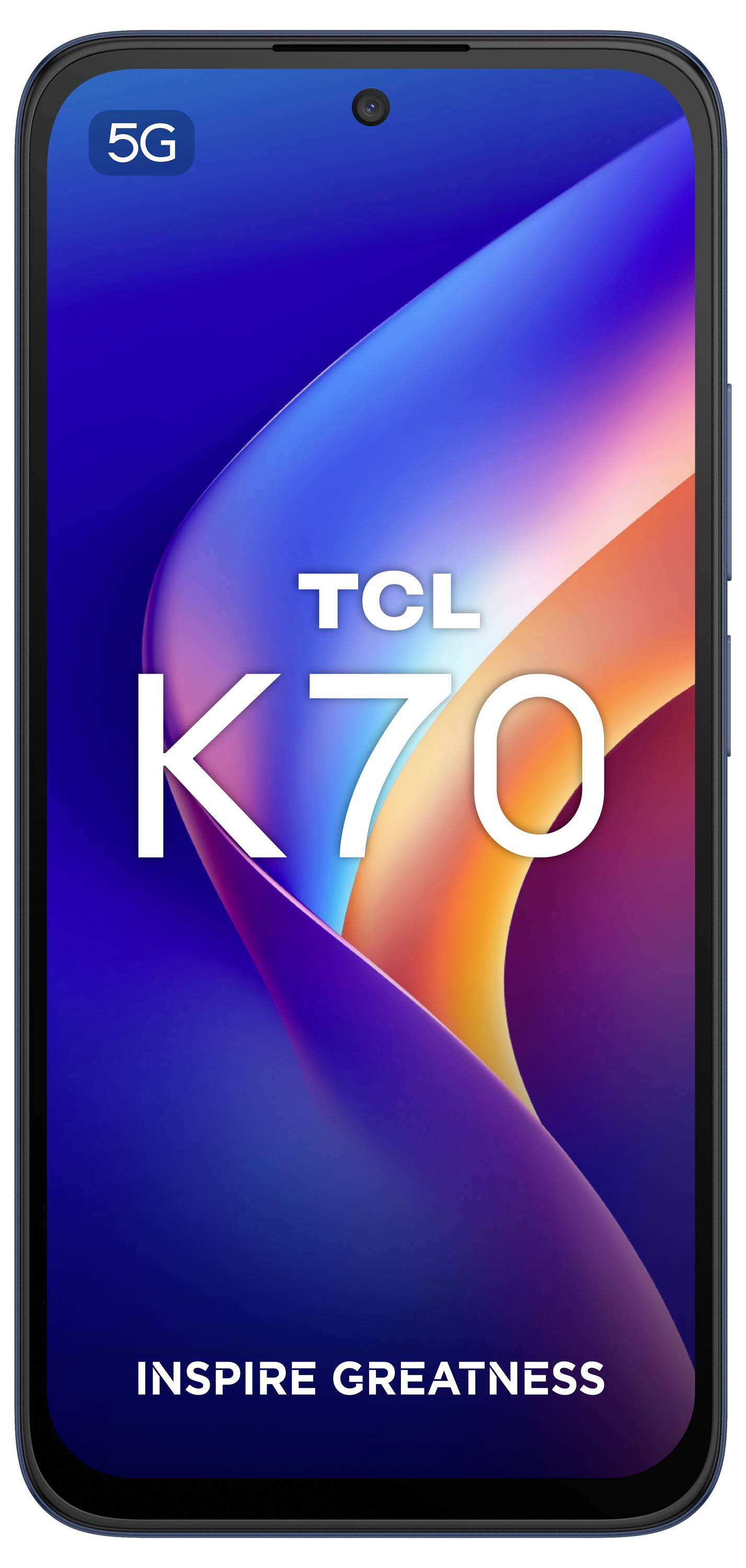 Frontansicht eines TCL K70 5G Smartphones mit einem blau, lila und orange abstrakten Hintergrundbild und dem Slogan „INSPIRE GREATNESS" auf dem Bildschirm.