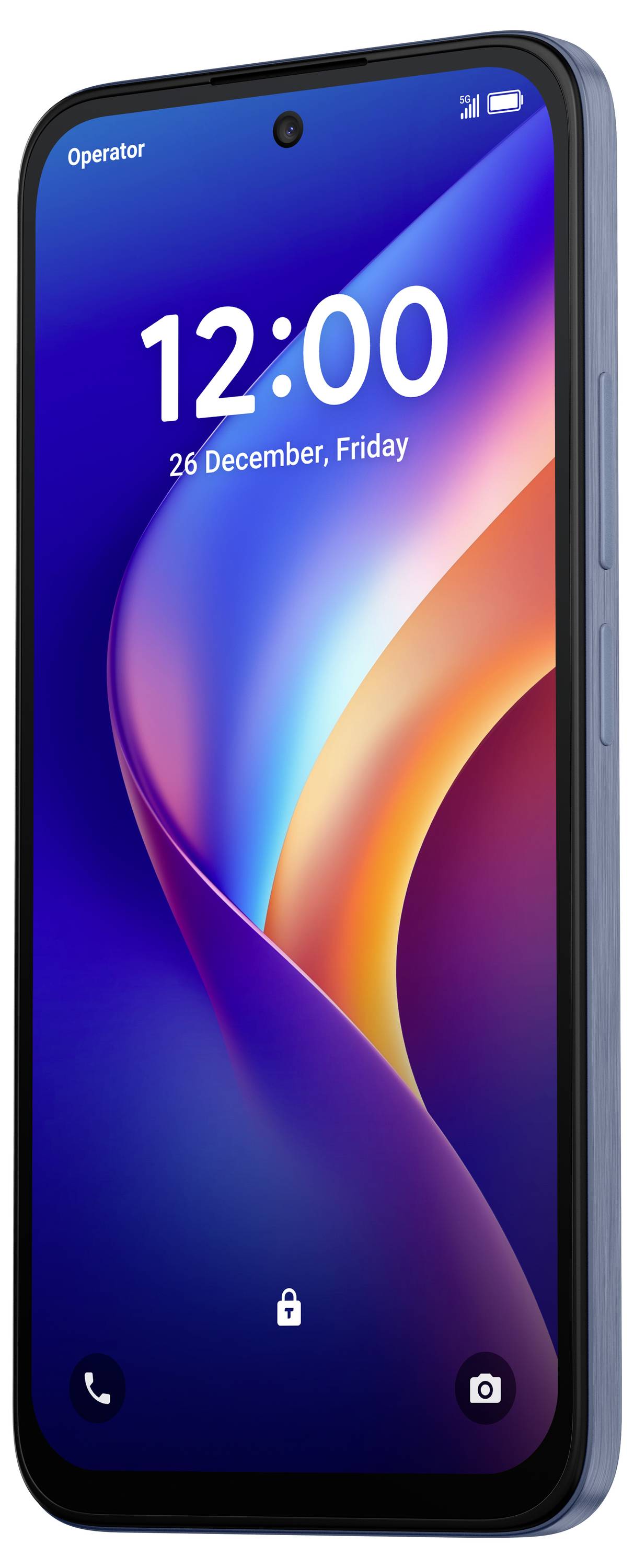 Smartphone-Sperrbildschirm mit 12:00 Uhr und „26. Dezember, Freitag" auf einem blauen abstrakten Hintergrund, mit Telefon- und Kamerasymbolen am unteren Rand.