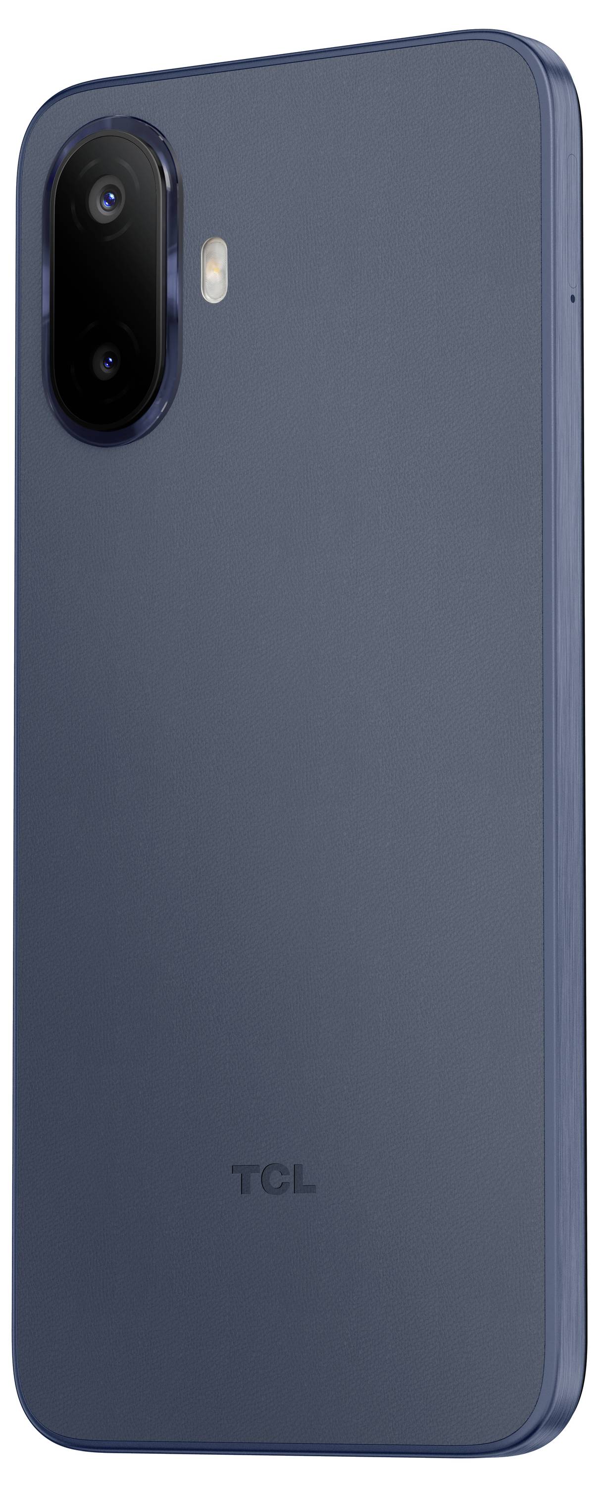 Rückseite eines blauen TCL-Smartphones mit Dual-Kamera-Modul auf der Rückseite und Blitzlicht.