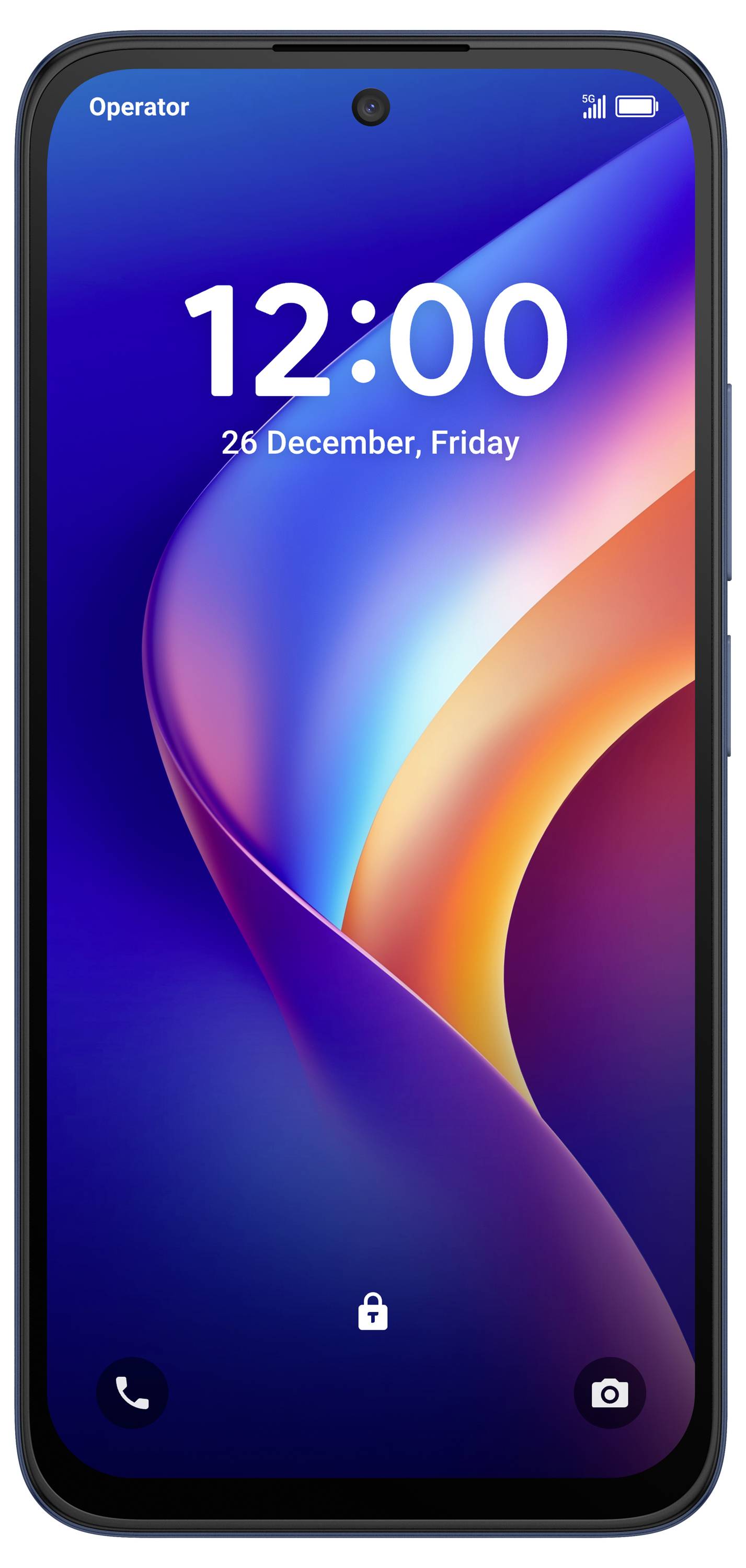 Smartphone-Sperrbildschirm, der 12:00 und „26. Dezember, Freitag" mit Sperr-, Telefon- und Kamerasymbolen auf einem farbenfrohen abstrakten Hintergrund anzeigt.