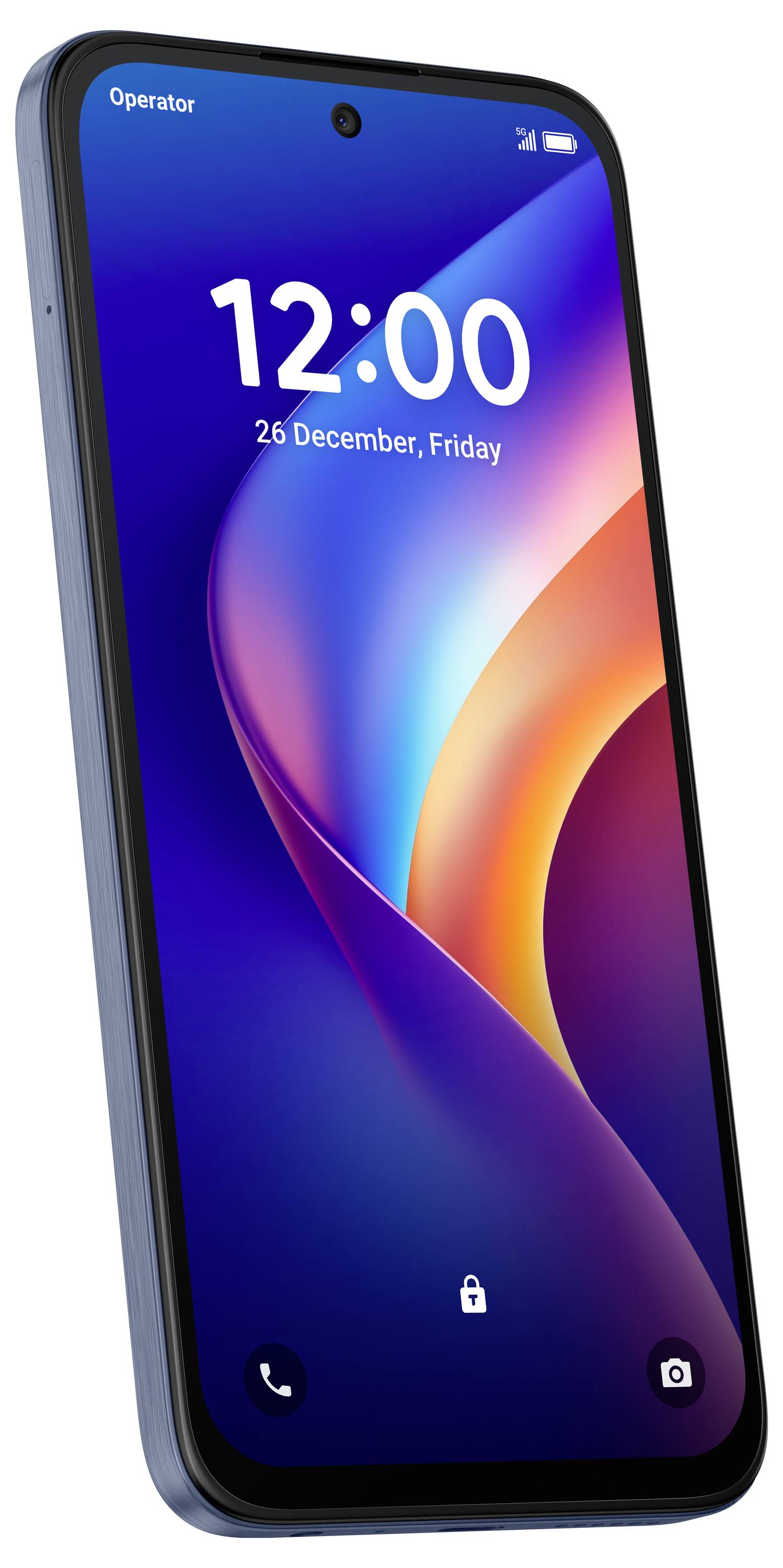 Smartphone-Sperrbildschirm mit 12:00 Uhr, „26. Dezember, Freitag", mit Anruf- und Kamera-Symbolen am unteren Rand.