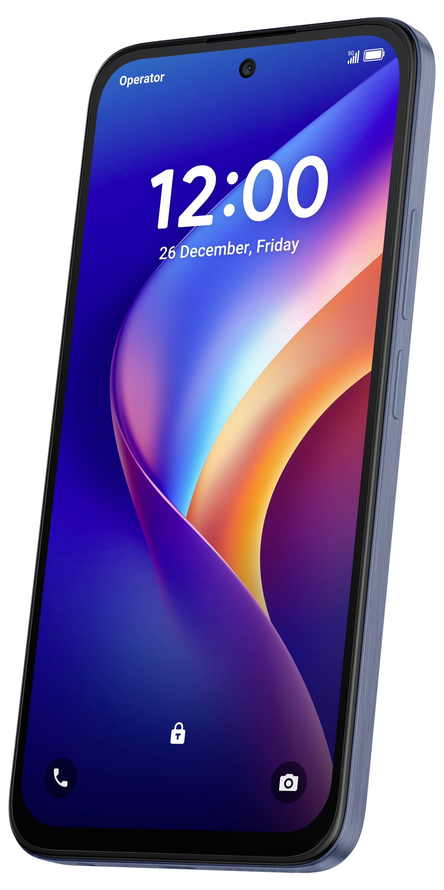 Smartphone angezeigt auf Sperrbildschirm mit farbenfrohem abstraktem Hintergrundbild, Uhrzeit 12:00, Datum 26. Dezember, Freitag, und Telefon- und Kamerasymbole unten.