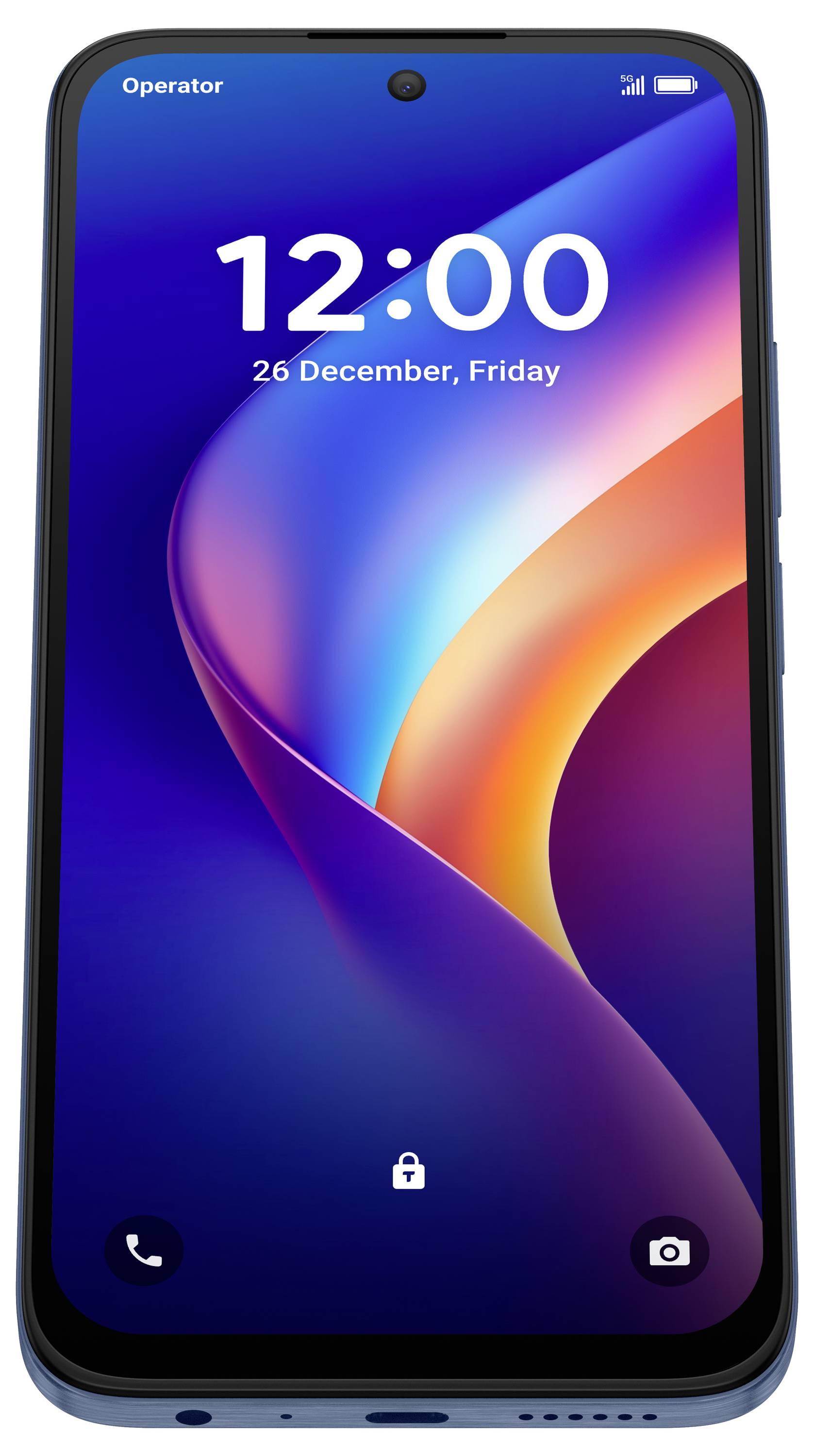 Smartphone-Sperrbildschirm mit 12:00 Uhr und „26. Dezember, Freitag" mit farbenfroh abstraktem Hintergrundbild, Telefon- und Kamera-Verknüpfungen am unteren Rand.