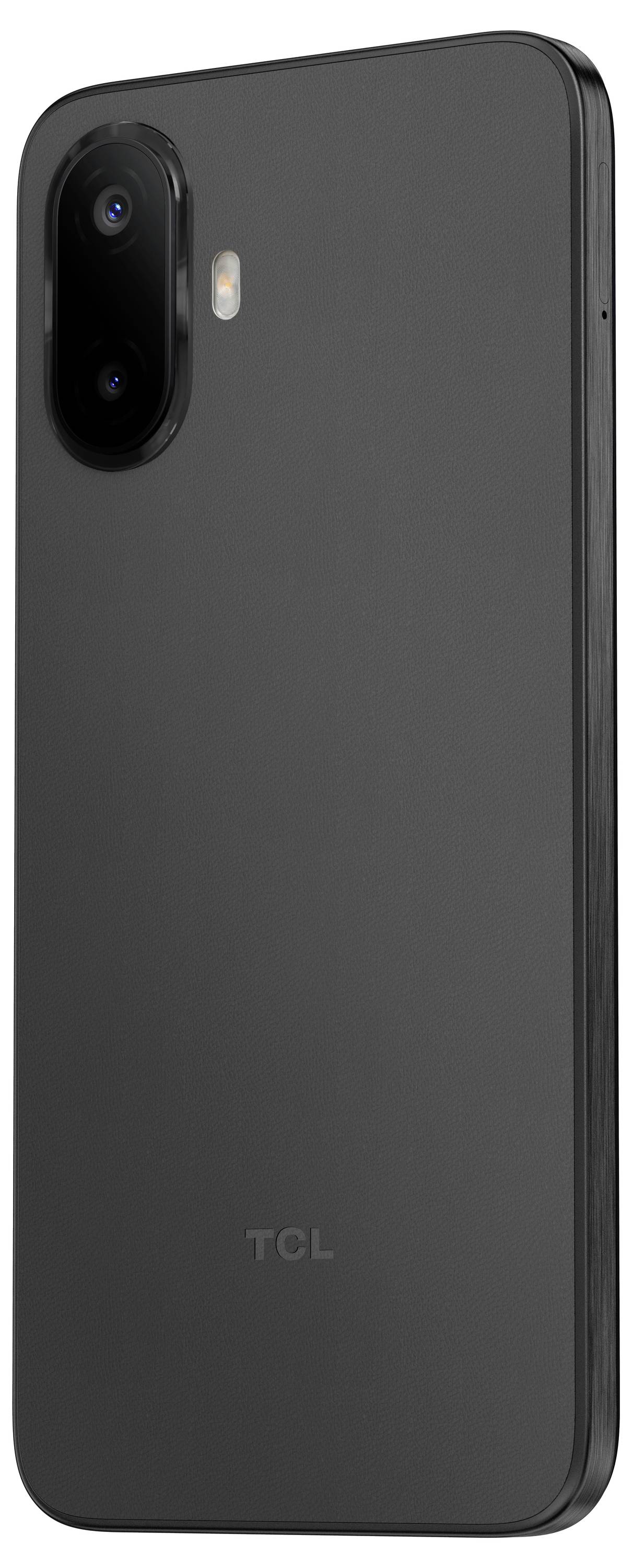 Rückseite eines dunkelgrauen TCL-Smartphones mit einem Dual-Kamera-Modul und Blitz oben links.