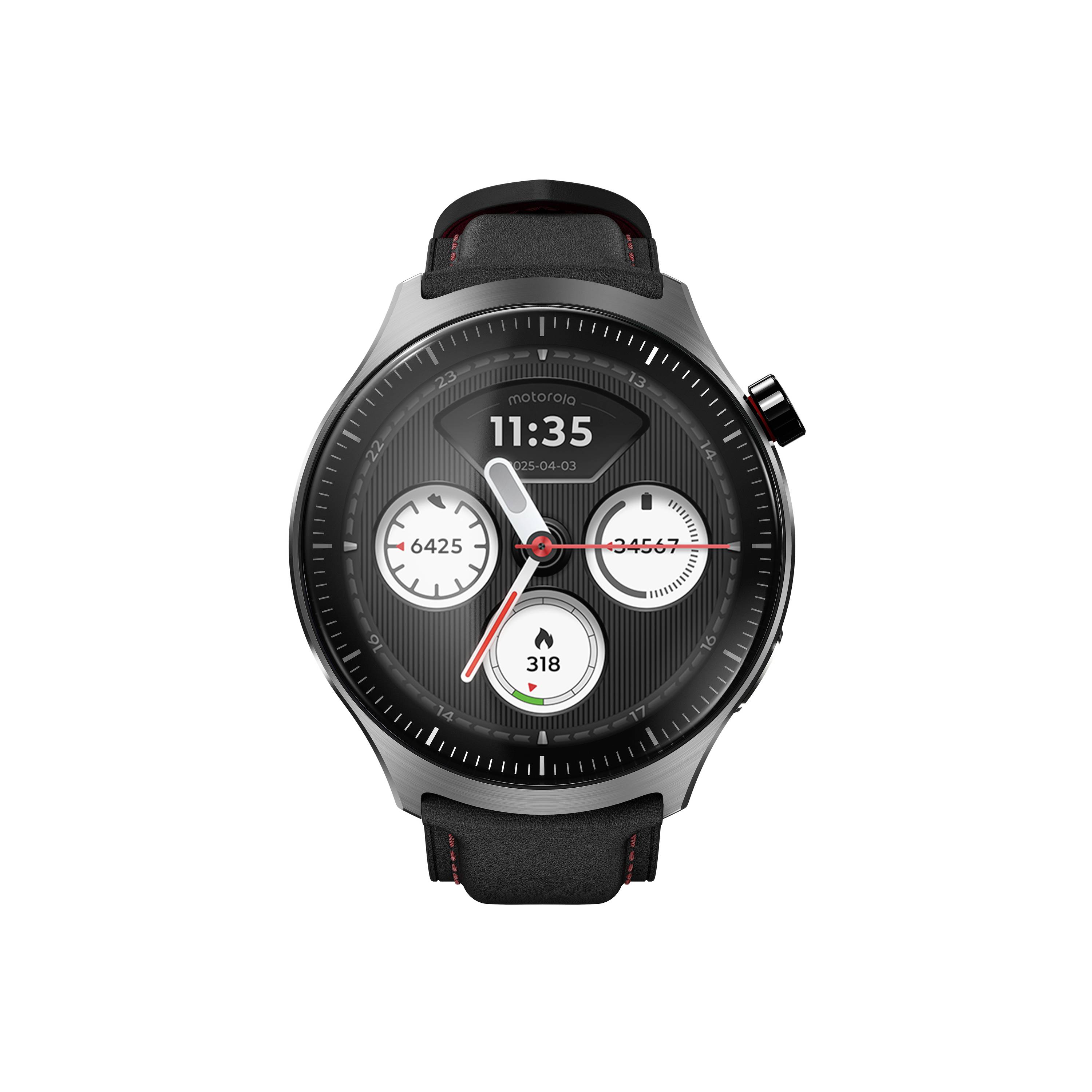 Runde schwarze Smartwatch mit analogem Zifferblatt, die 11:35 Uhr zeigt, das Datum 25-04-03, Schrittanzahl 318 und drei kleine Zifferblätter auf weißem Hintergrund.