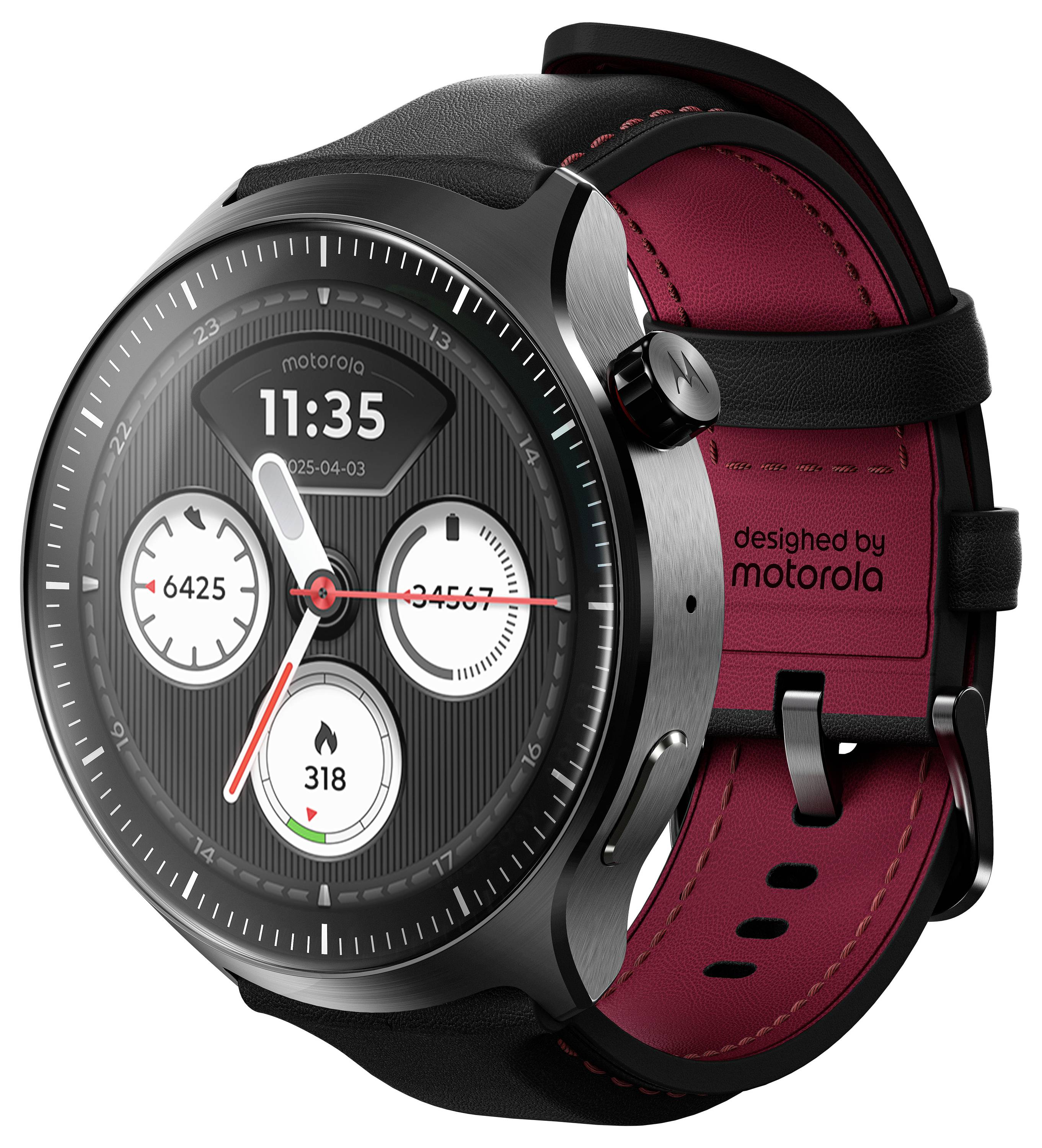 Motorola-Smartwatch mit rundem analogem Display und rotem Lederarmband, auf dem mehrere Datenuhren und die Uhrzeit 11:35 angezeigt werden.