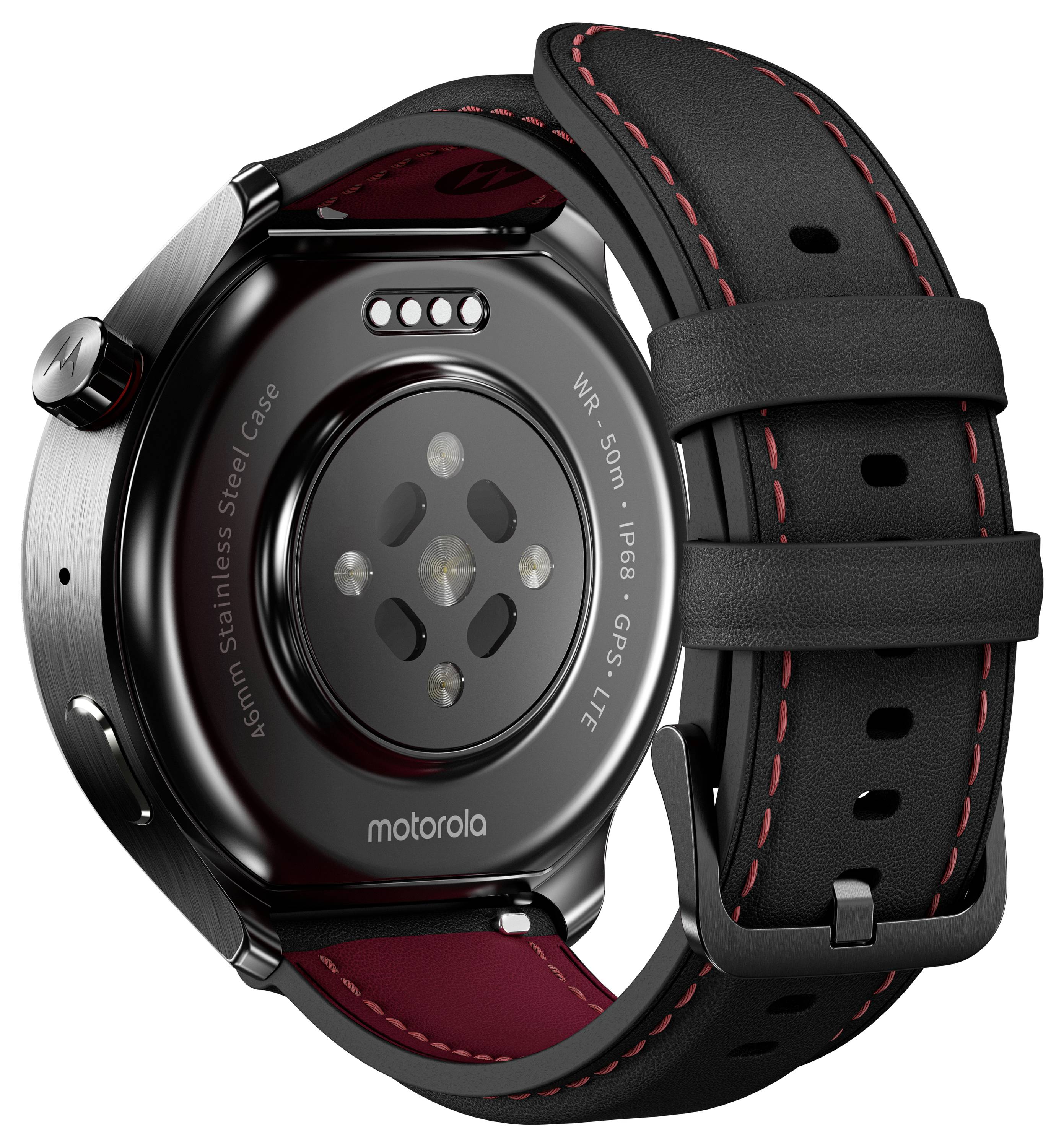 Rückansicht einer Motorola-Smartwatch mit schwarzem Lederarmband, die den Herzfrequenzsensor und das Edelstahlgehäuse zeigt.