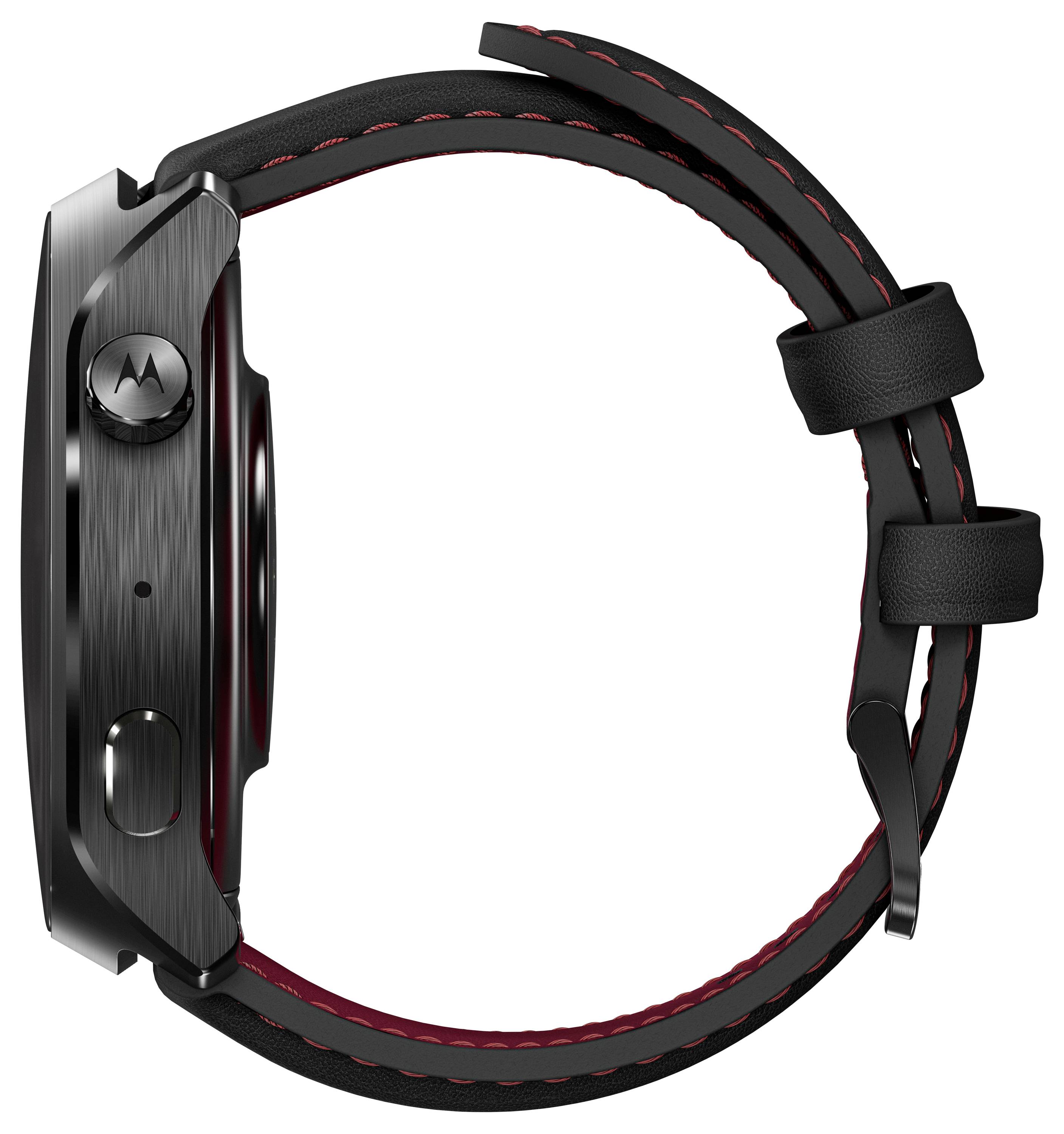 Schwarze Motorola-Smartwatch in Profilansicht mit rundem Lederarmband und Seitentaste, isoliert auf weißem Hintergrund.
