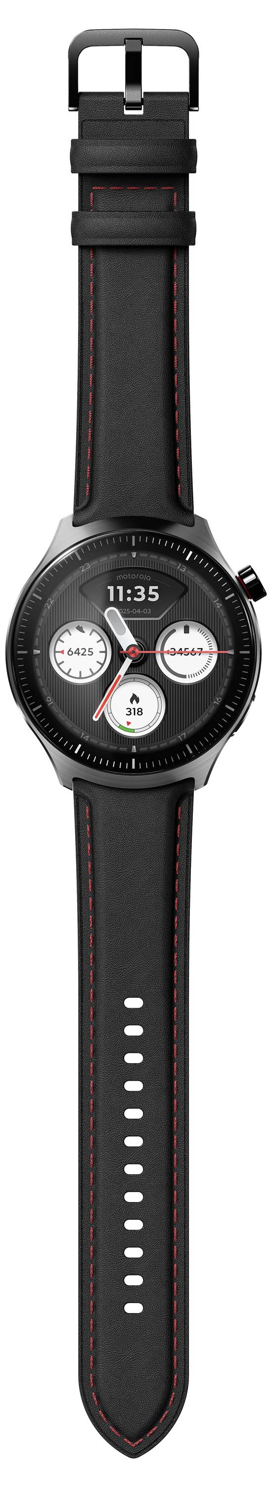 Schwarze runde Smartwatch mit schwarzem Silikonarmband, drei weißen Zifferblättern, roten Akzenten und digitaler Zeitanzeige, die 11:35 Uhr anzeigt.