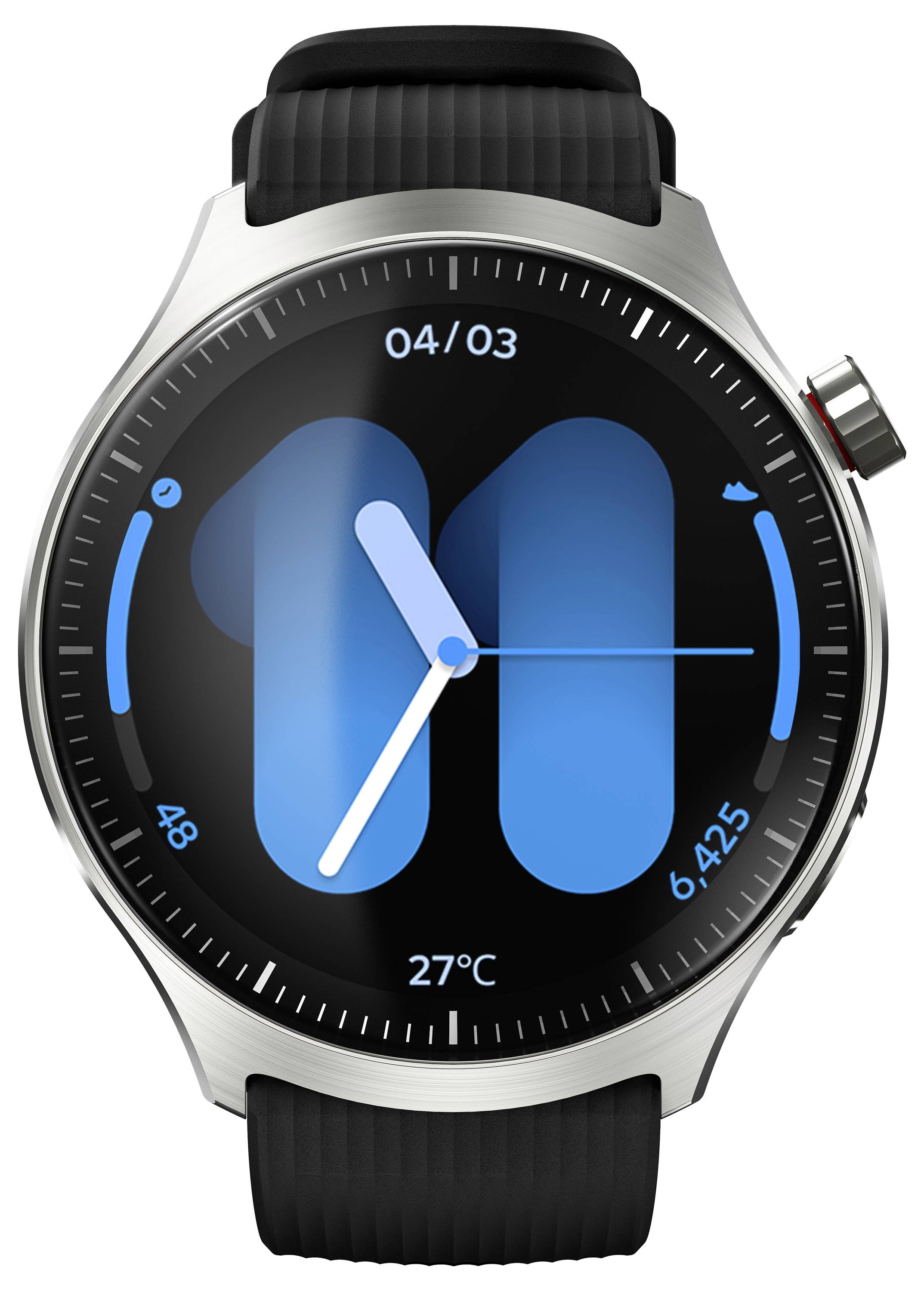Rundes Smartwatch mit einem digitalen Zifferblatt, das das Datum '04/03', Zeitzeiger und die Temperatur '27°C' auf einem schwarzen Bildschirm anzeigt.