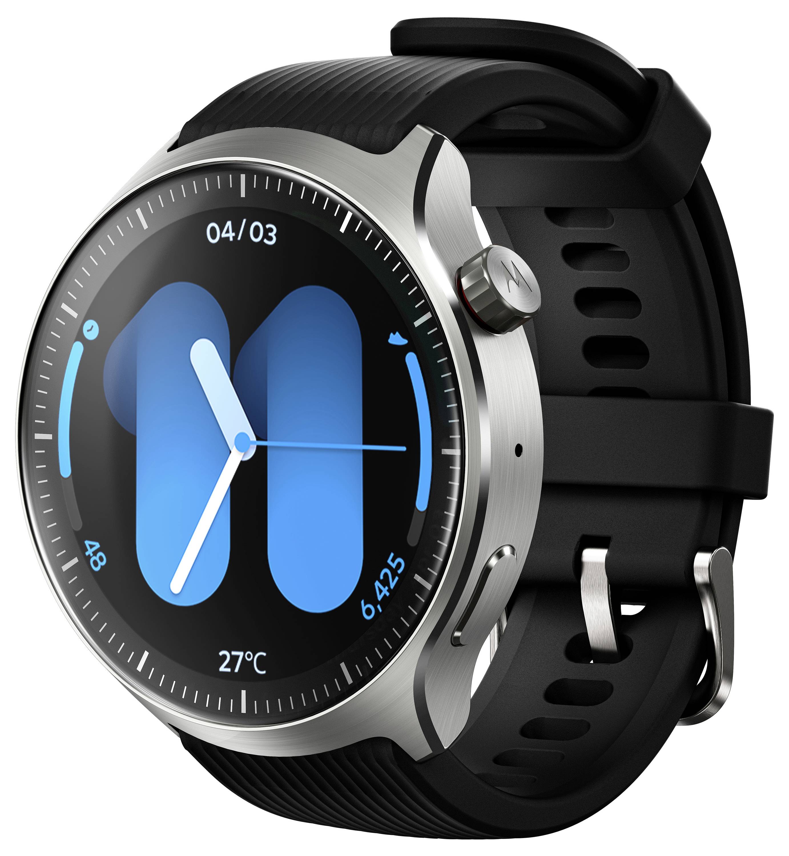 Schwarze Smartwatch mit rundem Silbergehäuse, schwarzem Armband und digitalem Display, das 04/03 und 27°C anzeigt.