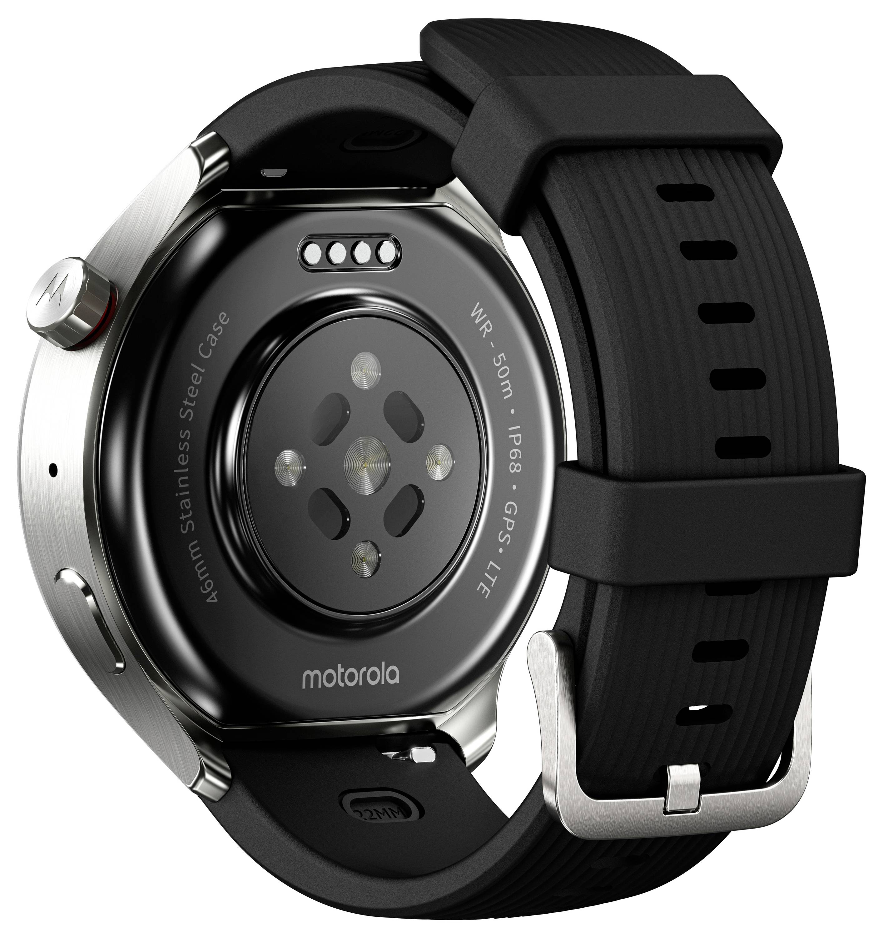 Rückansicht einer Motorola-Smartwatch mit schwarzem Silikonarmband, silbernem Edelstahlgehäuse und kreisförmigem Herzfrequenzsensor auf der Unterseite.