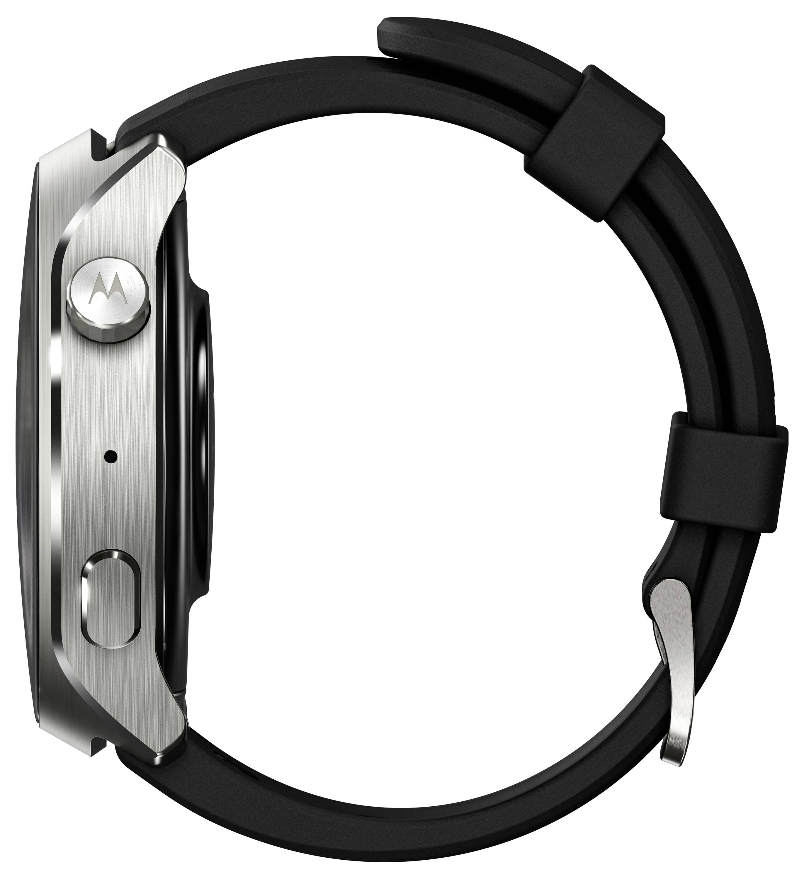 Seitenansicht einer schwarzen Motorola-Smartwatch mit gebürstetem Silbergehäuse und gebogenem Armband auf weißem Hintergrund.