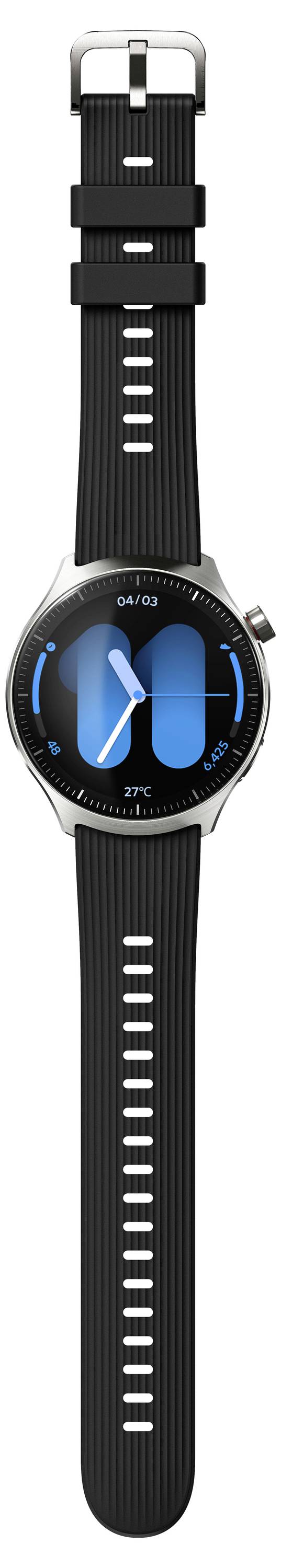 Schwarze Smartwatch mit rundem blauem Display und schwarzem Armband, zeigt eine digitale Uhr und 27°C unten an.