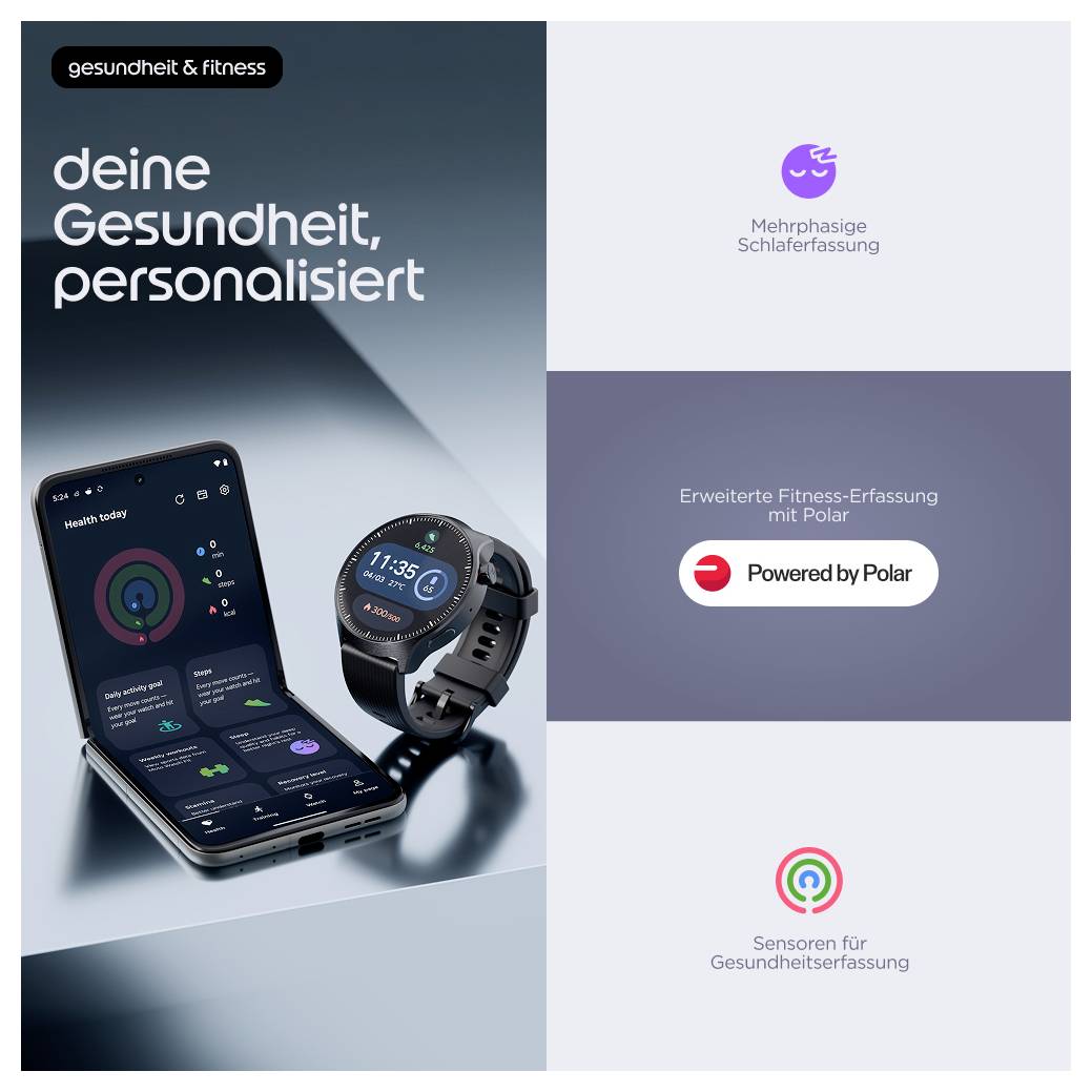 Deutsche Fitness- und Gesundheitspromo, die eine Smartphone-App und Smartwatch mit personalisierter Gesundheitsverfolgung zeigt, plus mehrphasiger Schlaf, Polar-Fitnessaufzeichnung und Gesundheitssensoren.