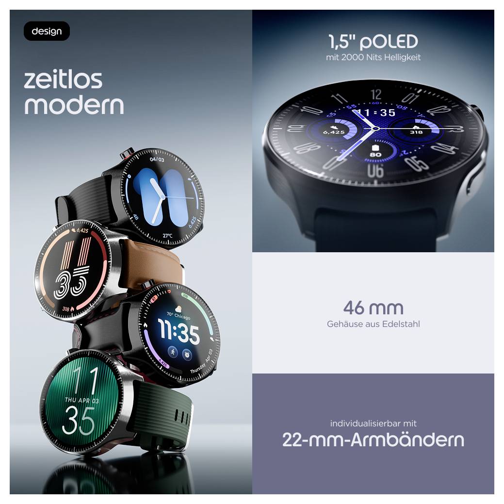 Werbung für Zeitlos Modern Smartwatch-Design, die vier Uhren und Funktionen zeigt: 1,5-Zoll-POLED, 2000 Nits Helligkeit, 46-mm-Edelstahlgehäuse, anpassbar mit 22-mm-Armbändern.