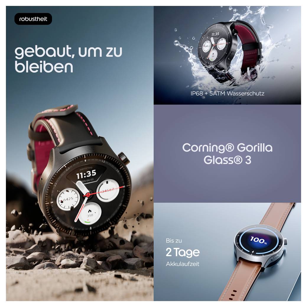 Werbecollage für eine robuste Smartwatch in rauen Umgebungen, mit dem Text „gebaut, um zu bleiben", „IP68 + 5ATM Wasserschutz", „Corning Gorilla Glass 3" und „Bis zu 2 Tage Akkulaufzeit".