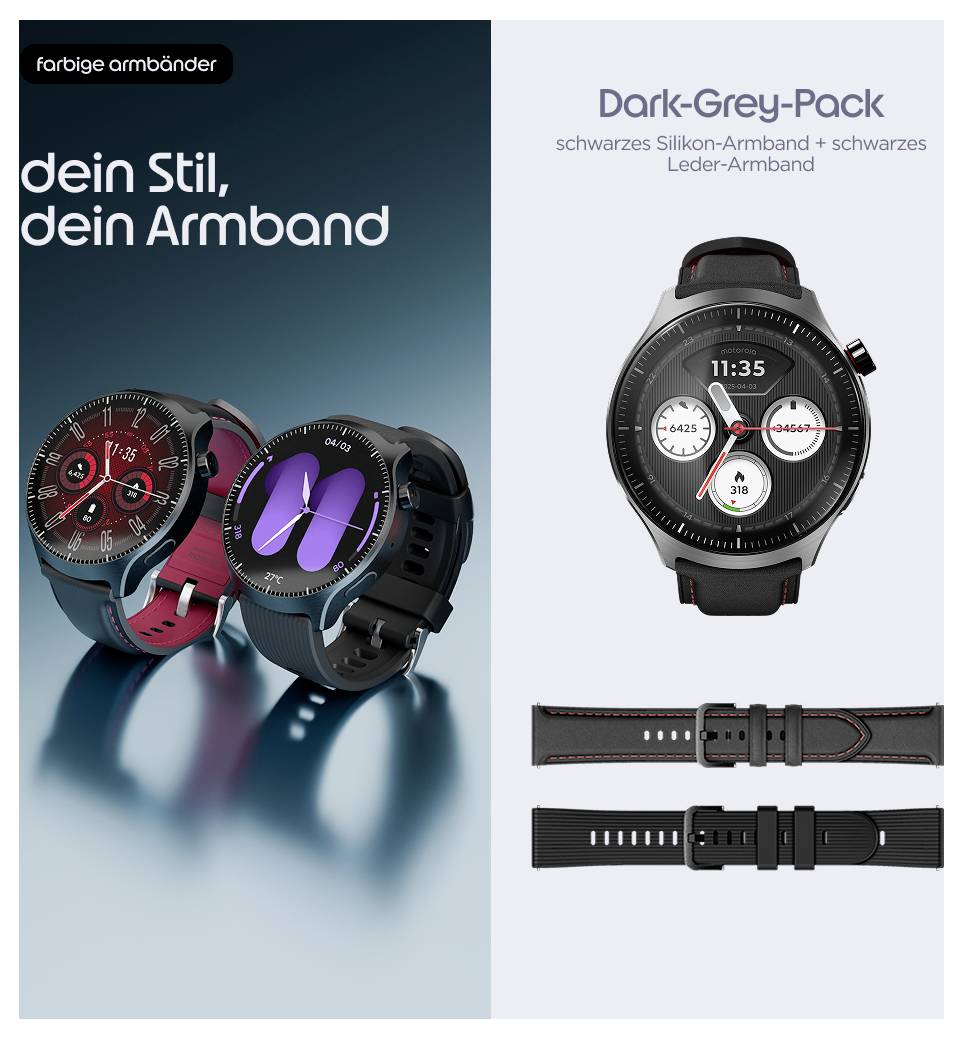 Geteilte Anzeige für Smartwatch-Armbänder: Links zeigen zwei farbenfrohe Uhren mit "dein Stil, dein Armband"; rechts zeigt das "Dark-Grey-Pack" mit schwarzen Silikon- und Lederarmbändern.