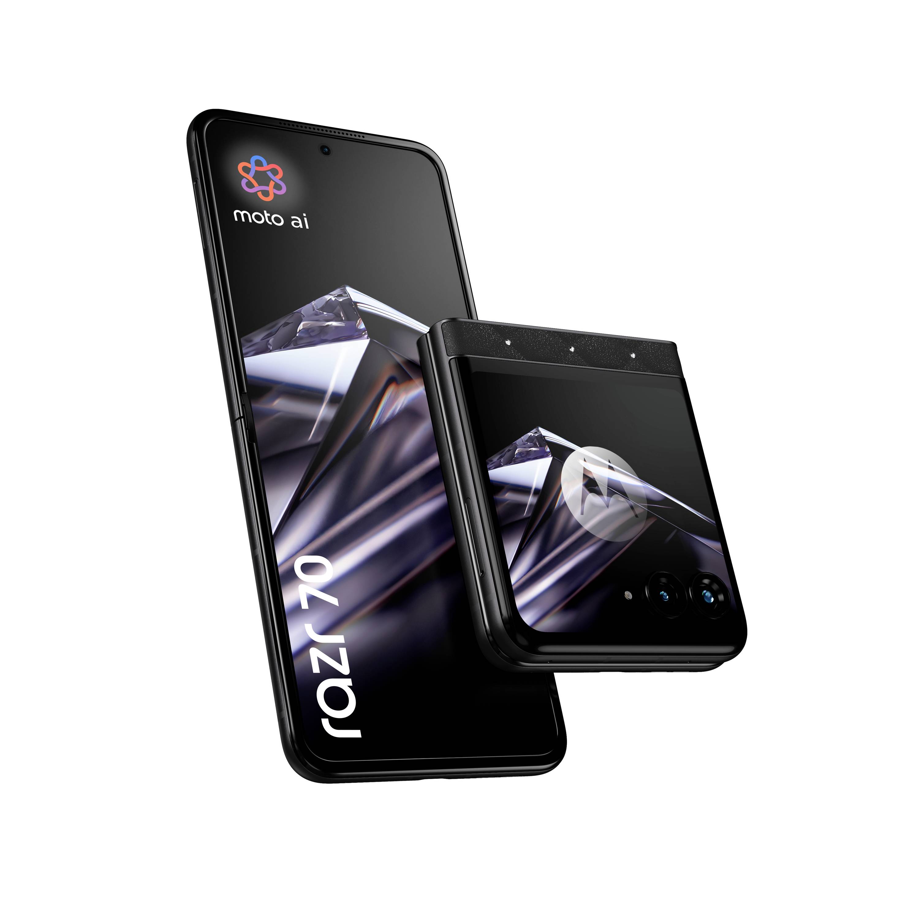 Zwei schwarze Motorola Razr Handys auf weißem Hintergrund, eines aufgeklappt und eines zusammengeklappt, zeigen das "moto ai"-Logo und das Razr 70 Branding.
