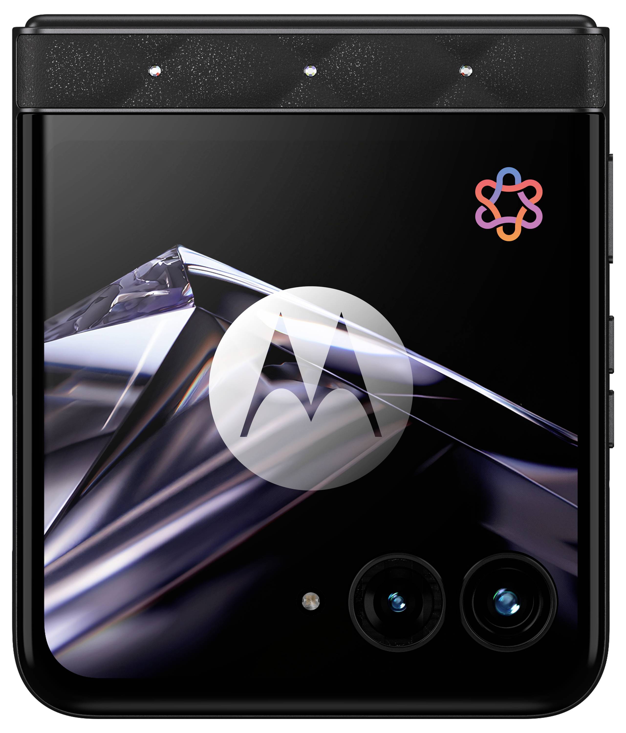 Vorderansicht eines faltbaren Smartphones mit glänzendem schwarzem Display, Motorola-Logo und sichtbaren dualen Rückkameras, was auf ein aufgeklapptes Muscheldesign hindeutet.