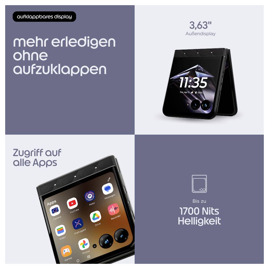 Deutsche Anzeige für faltbares Telefon mit einem 3,63-Zoll-Außendisplay, App-Zugriff ohne Ausklappen und Helligkeit bis zu 1700 Nits.